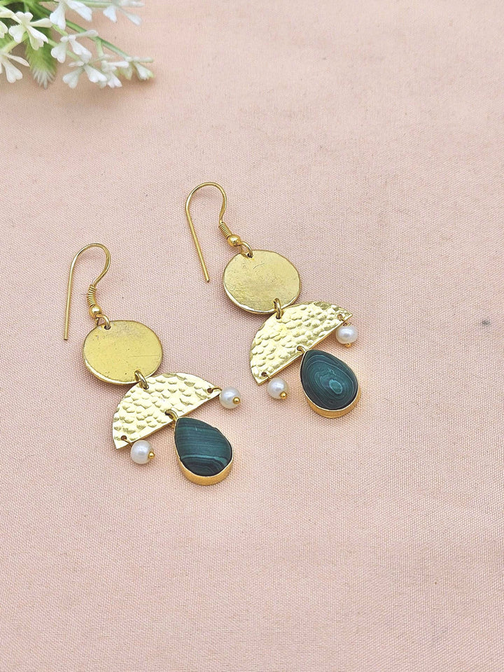 Charming Gold Plated Dangle Earrings –Malachite-Pearl Gemstone Hammered Designer Jewelry