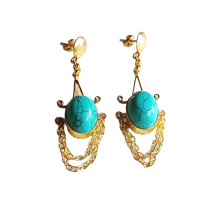 Handcrafted Turquoise Stone Earrings – Gold Plated Hanging Chain Statement Jewelry