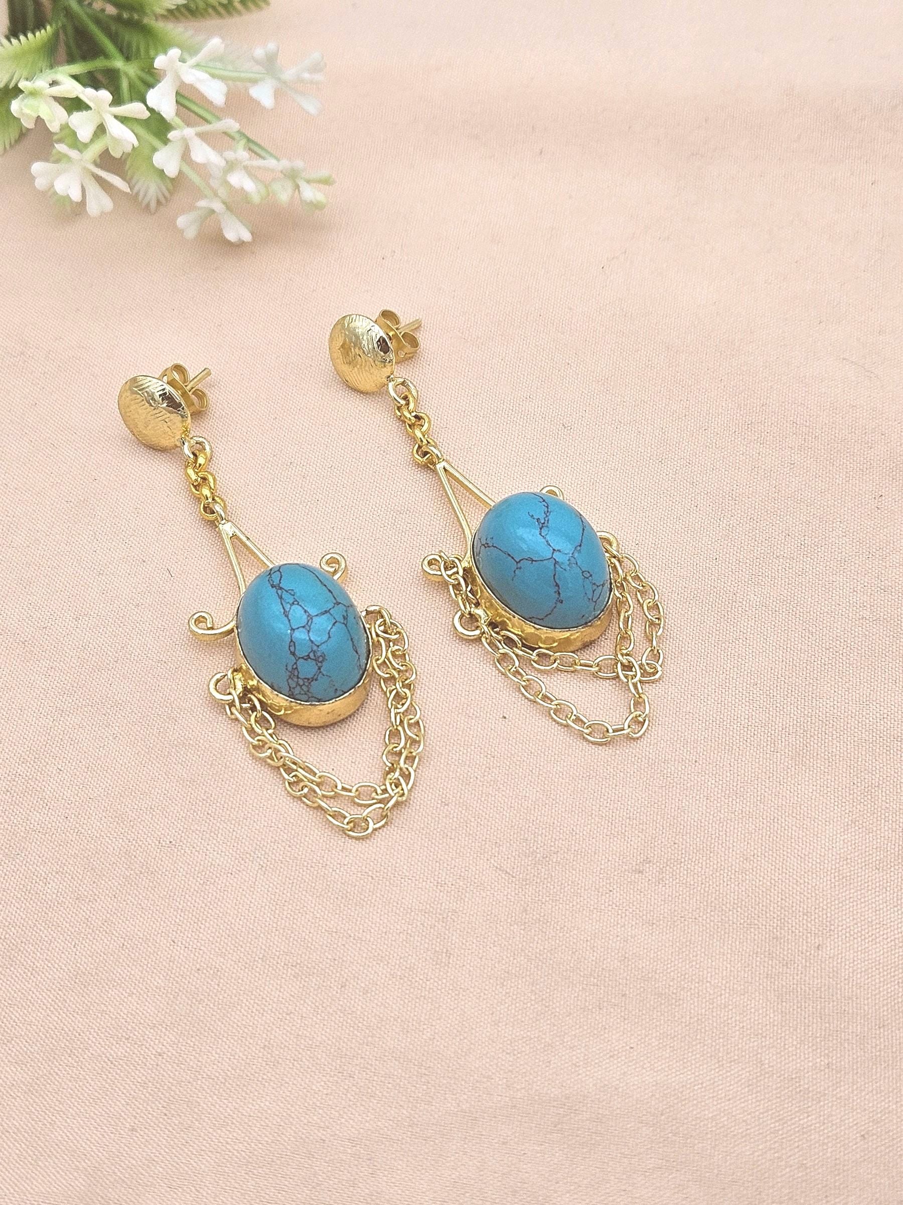 Handcrafted Turquoise Stone Earrings – Gold Plated Hanging Chain Statement Jewelry