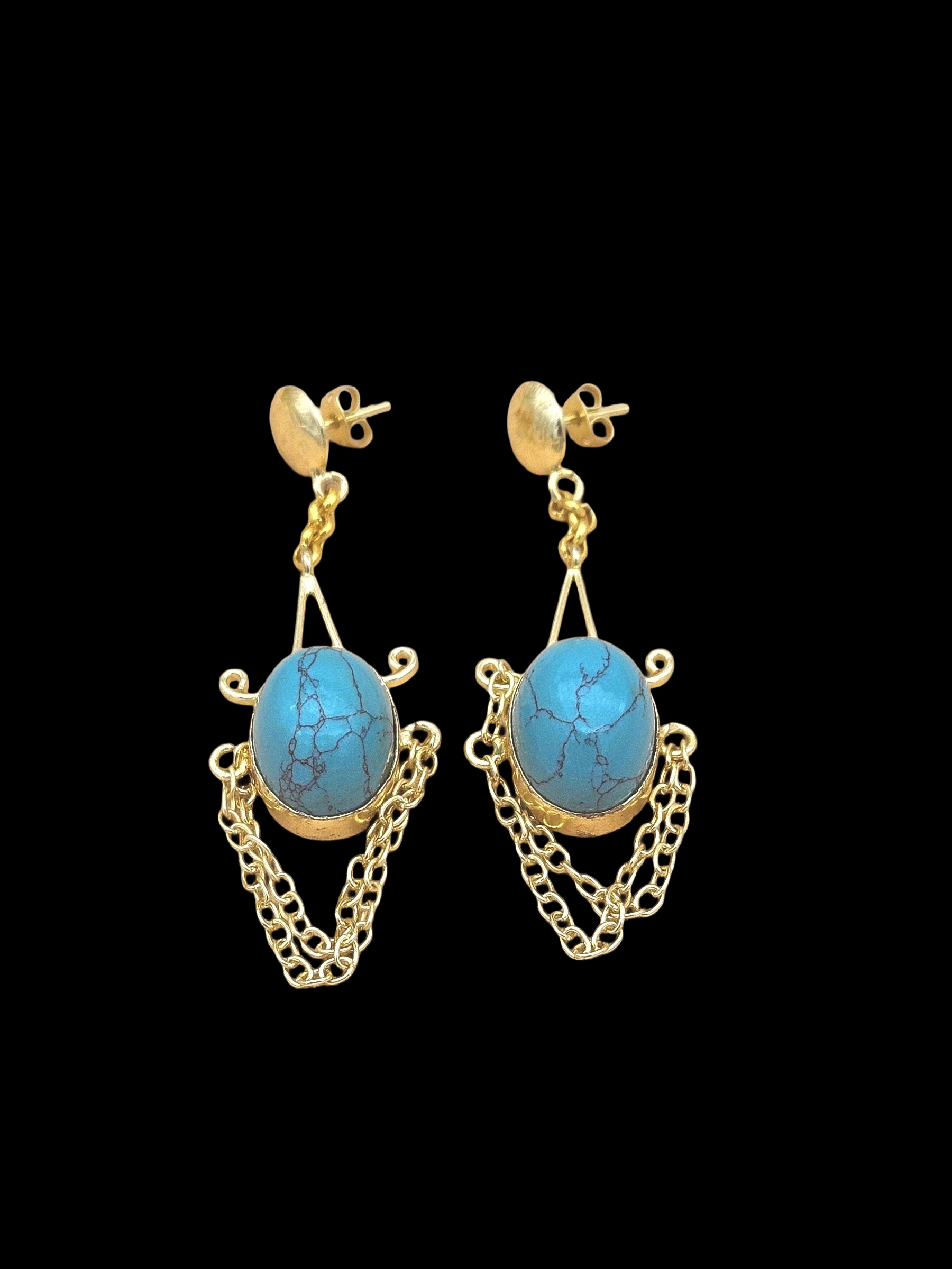 Handcrafted Turquoise Stone Earrings – Gold Plated Hanging Chain Statement Jewelry