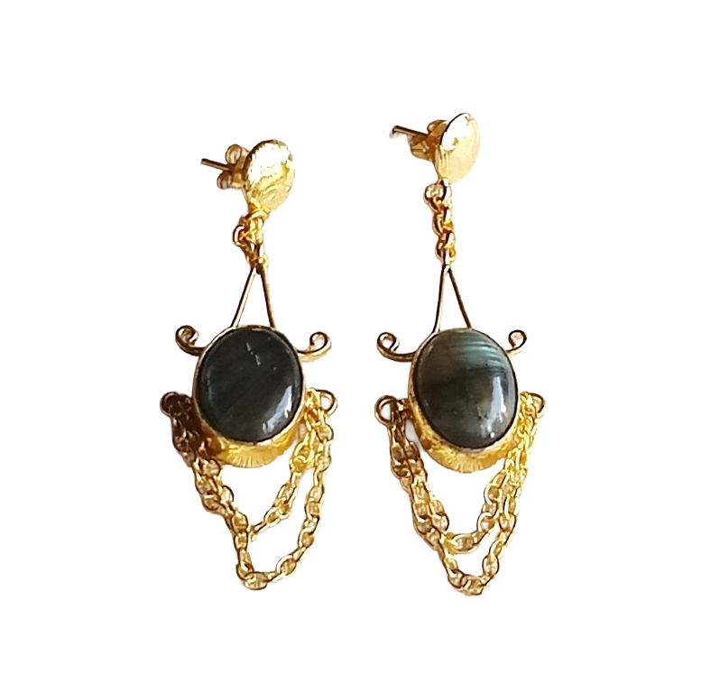 Handcrafted Labradorite Stone Earrings – Gold Plated Hanging Chain Statement Jewelry