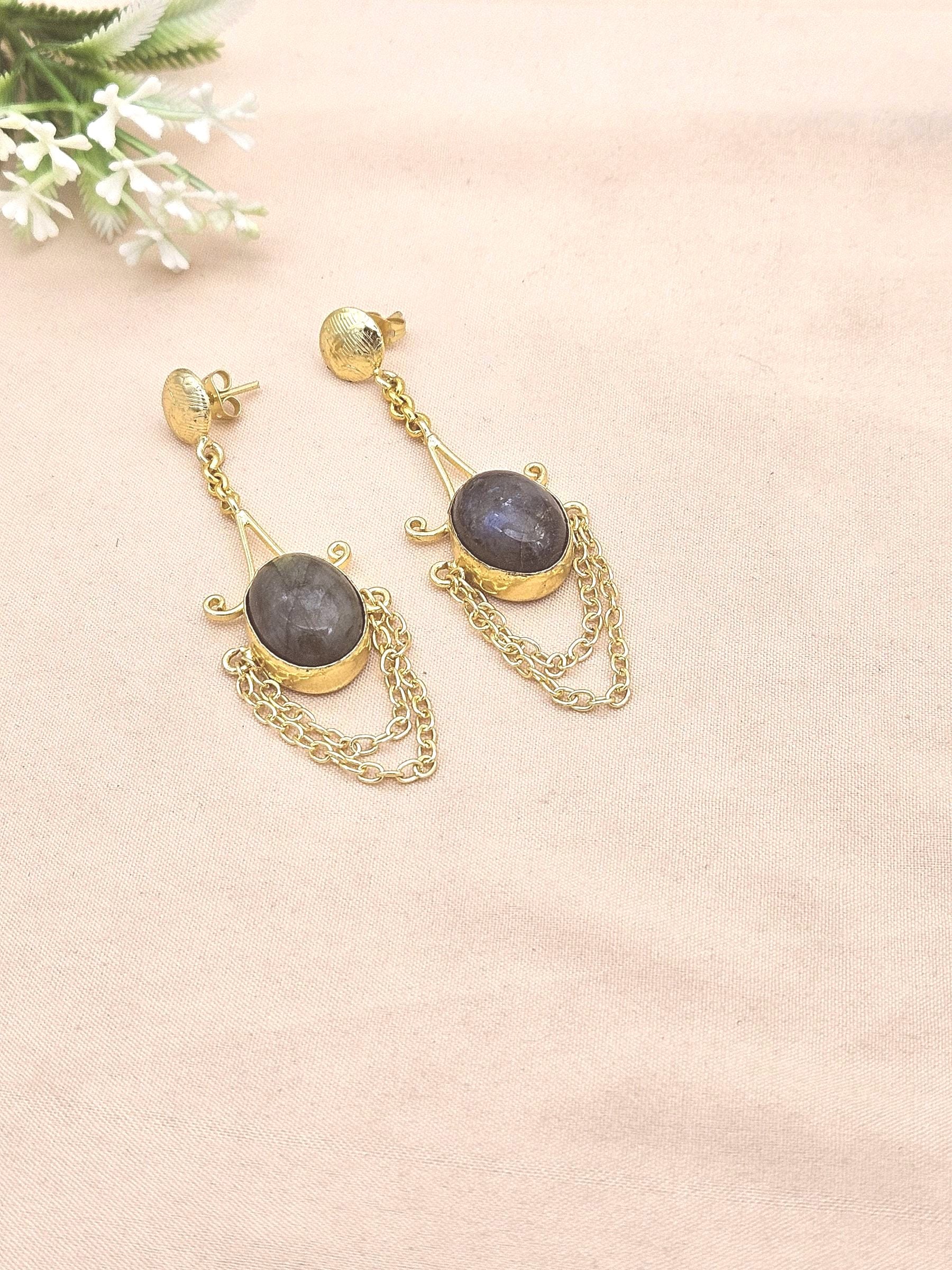 Handcrafted Labradorite Stone Earrings – Gold Plated Hanging Chain Statement Jewelry