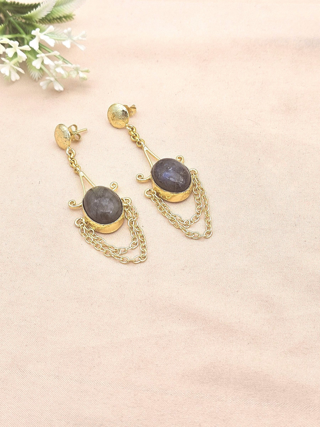 Handcrafted Labradorite Stone Earrings – Gold Plated Hanging Chain Statement Jewelry