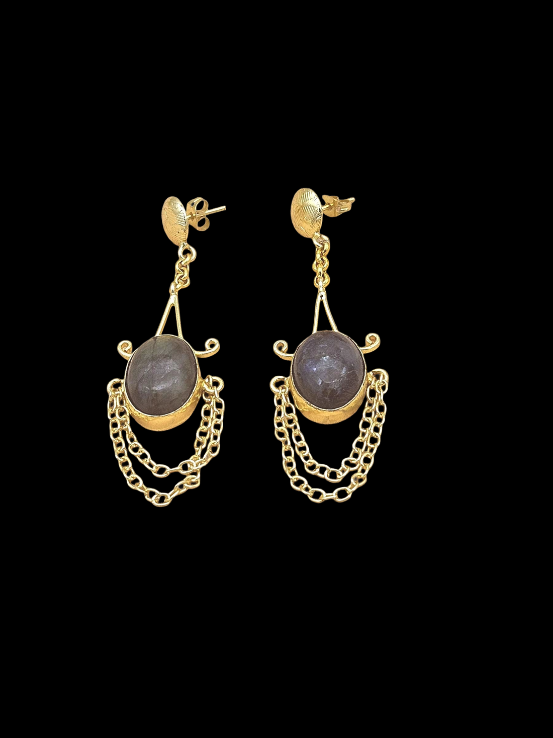 Handcrafted Labradorite Stone Earrings – Gold Plated Hanging Chain Statement Jewelry