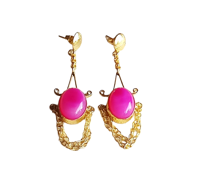 Gold Plated Pink Onyx Gemstone Earrings – Stylish Lightweight Hanging Chain Dangles