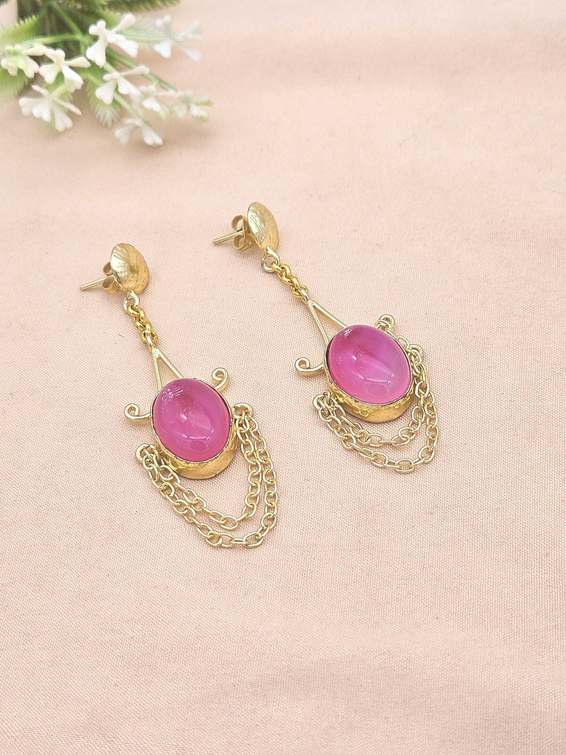 Gold Plated Pink Onyx Gemstone Earrings – Stylish Lightweight Hanging Chain Dangles