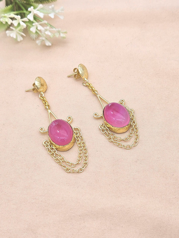 Gold Plated Pink Onyx Gemstone Earrings – Stylish Lightweight Hanging Chain Dangles