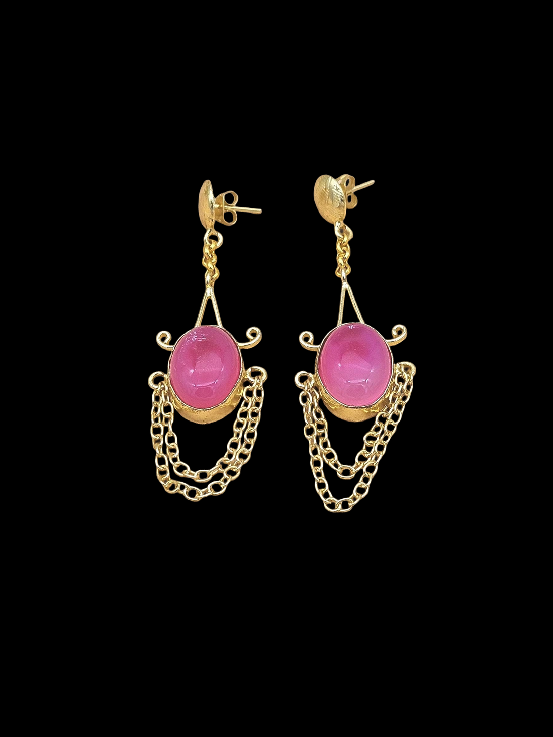 Gold Plated Pink Onyx Gemstone Earrings – Stylish Lightweight Hanging Chain Dangles