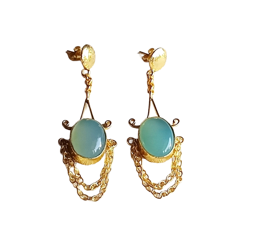 Gold Plated Chalcedony Gemstone Earrings – Stylish Lightweight Hanging Chain Dangles