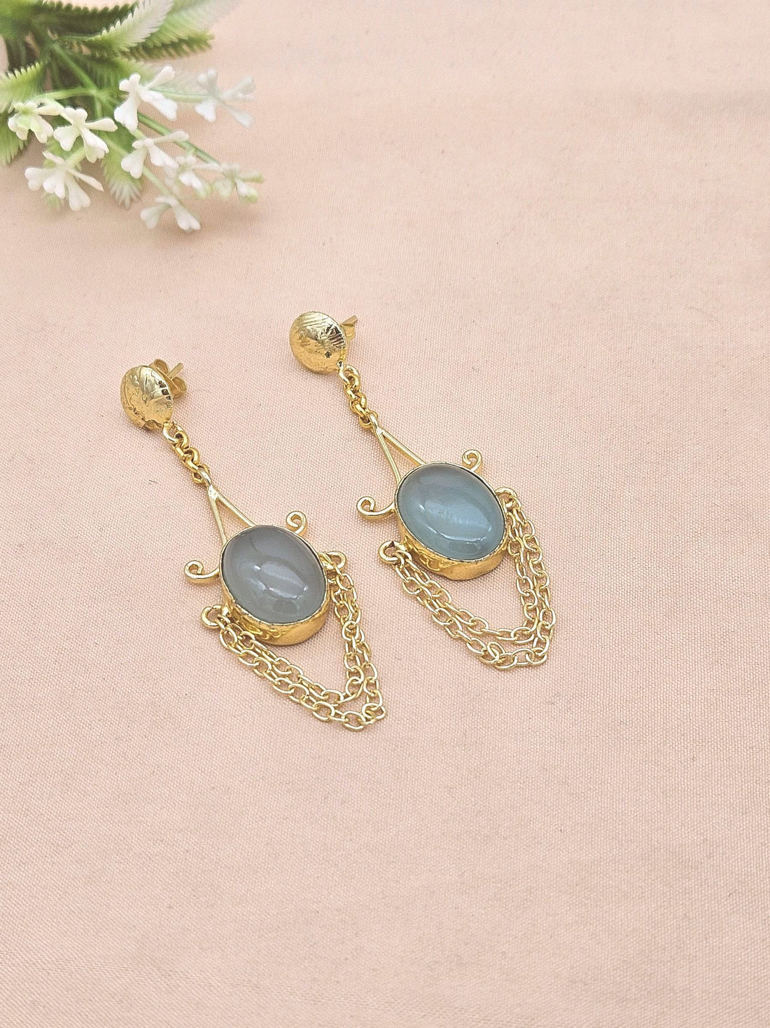 Gold Plated Chalcedony Gemstone Earrings – Stylish Lightweight Hanging Chain Dangles