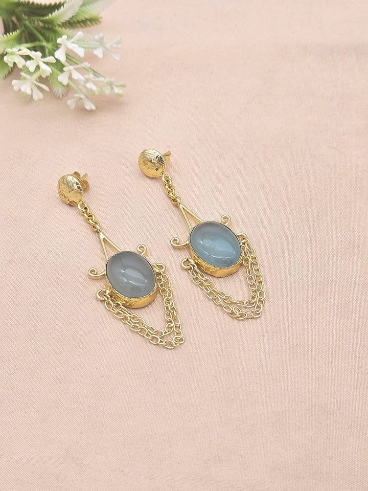 Gold Plated Chalcedony Gemstone Earrings – Stylish Lightweight Hanging Chain Dangles