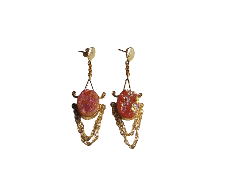Handcrafted Gold Plated Pink Titanium Druzy Dangle Earrings – Lightweight Hanging Chain Designer Jewelry