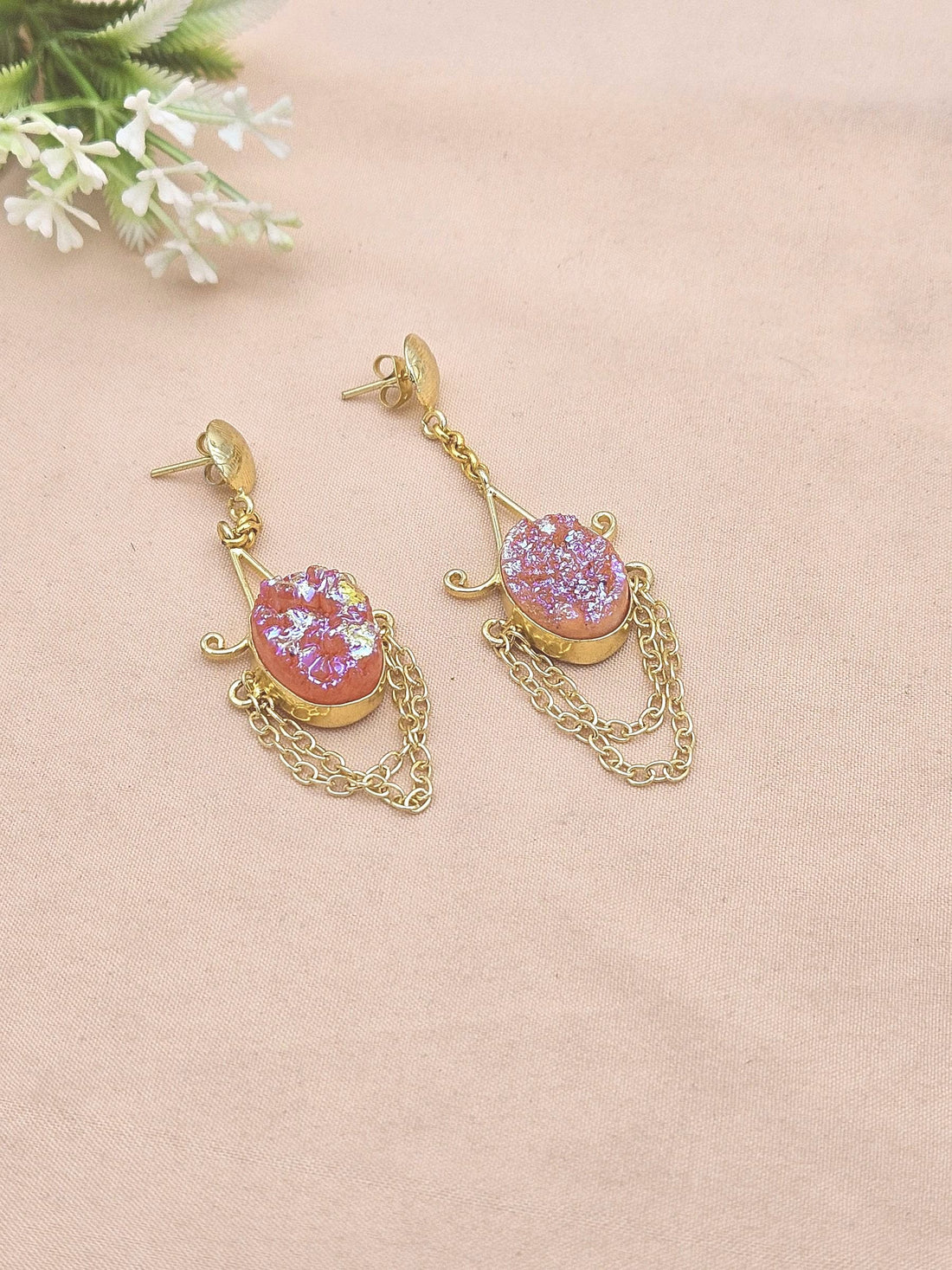 Handcrafted Gold Plated Pink Titanium Druzy Dangle Earrings – Lightweight Hanging Chain Designer Jewelry
