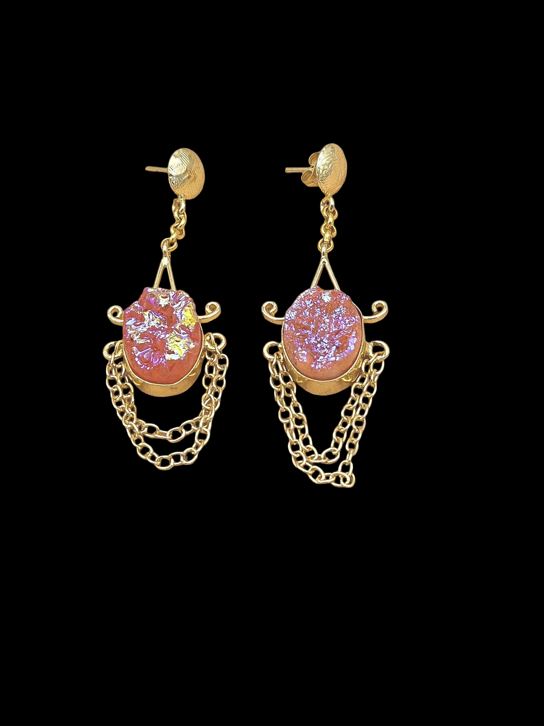 Handcrafted Gold Plated Pink Titanium Druzy Dangle Earrings – Lightweight Hanging Chain Designer Jewelry