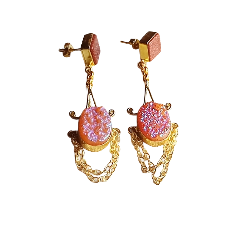 Handcrafted Gold Plated Sun Sitara-Pink Titanium Druzy Dangle Earrings – Lightweight Hanging Chain Designer Jewelry