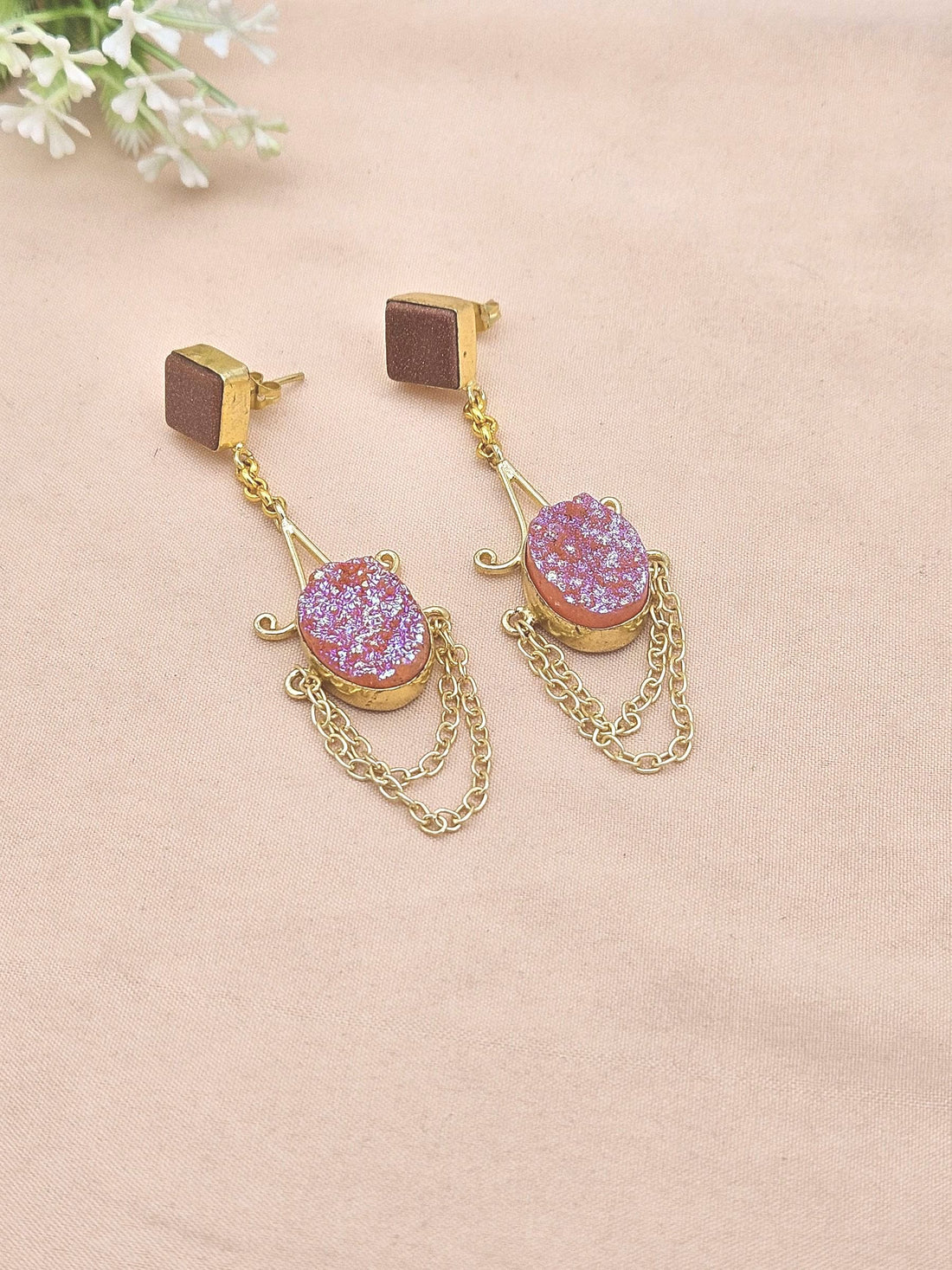 Handcrafted Gold Plated Sun Sitara-Pink Titanium Druzy Dangle Earrings – Lightweight Hanging Chain Designer Jewelry