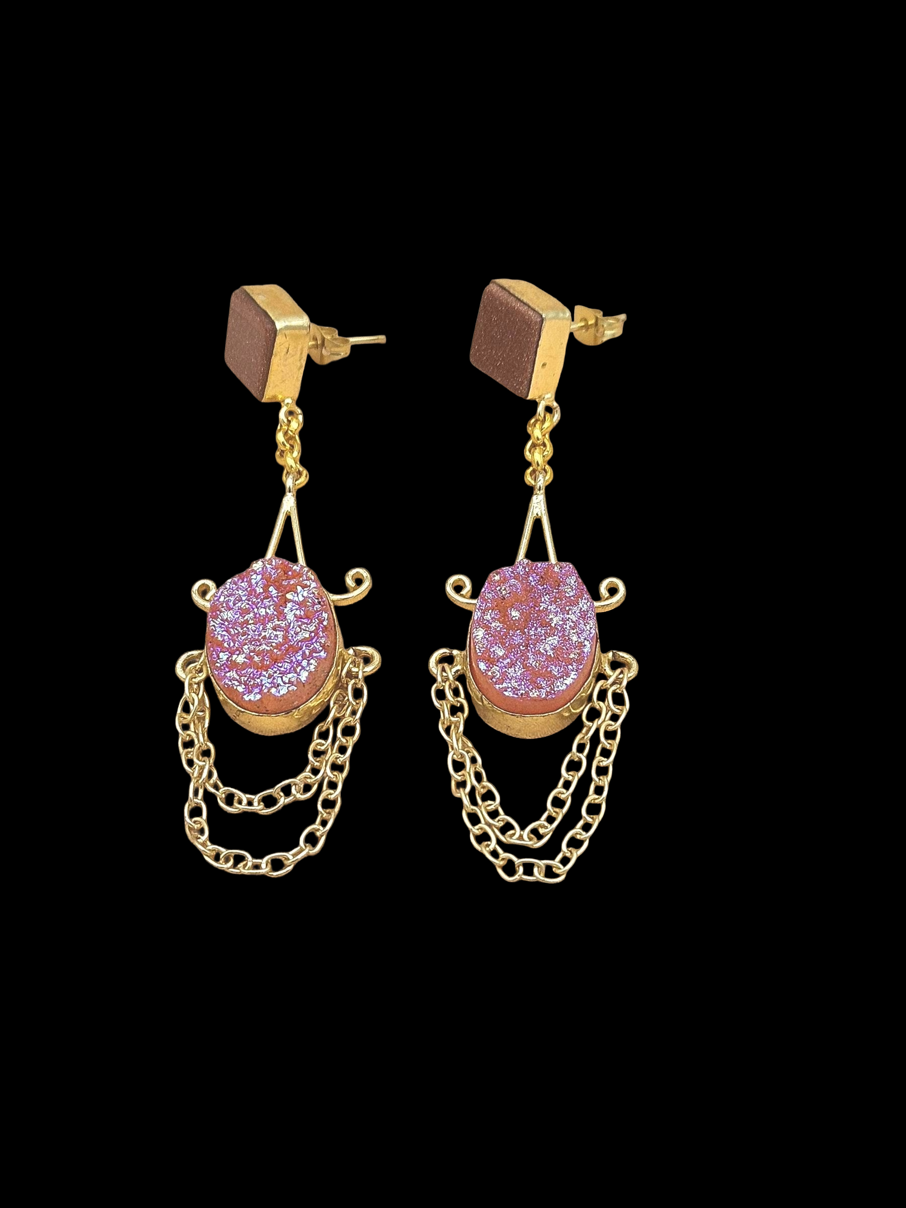 Handcrafted Gold Plated Sun Sitara-Pink Titanium Druzy Dangle Earrings – Lightweight Hanging Chain Designer Jewelry