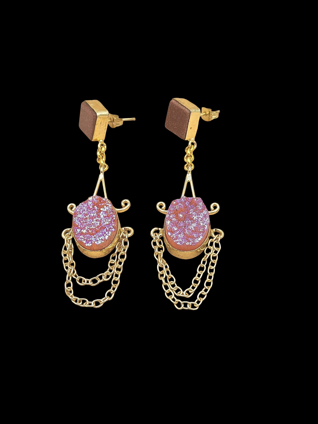 Handcrafted Gold Plated Sun Sitara-Pink Titanium Druzy Dangle Earrings – Lightweight Hanging Chain Designer Jewelry