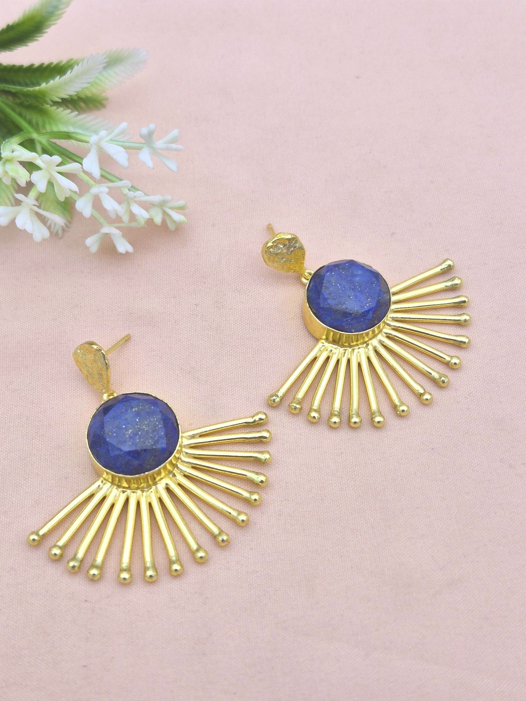 Amazing Gold Plated Faceted Lapis Lazuli Gemstone Awesome Designer Dangle Earrings