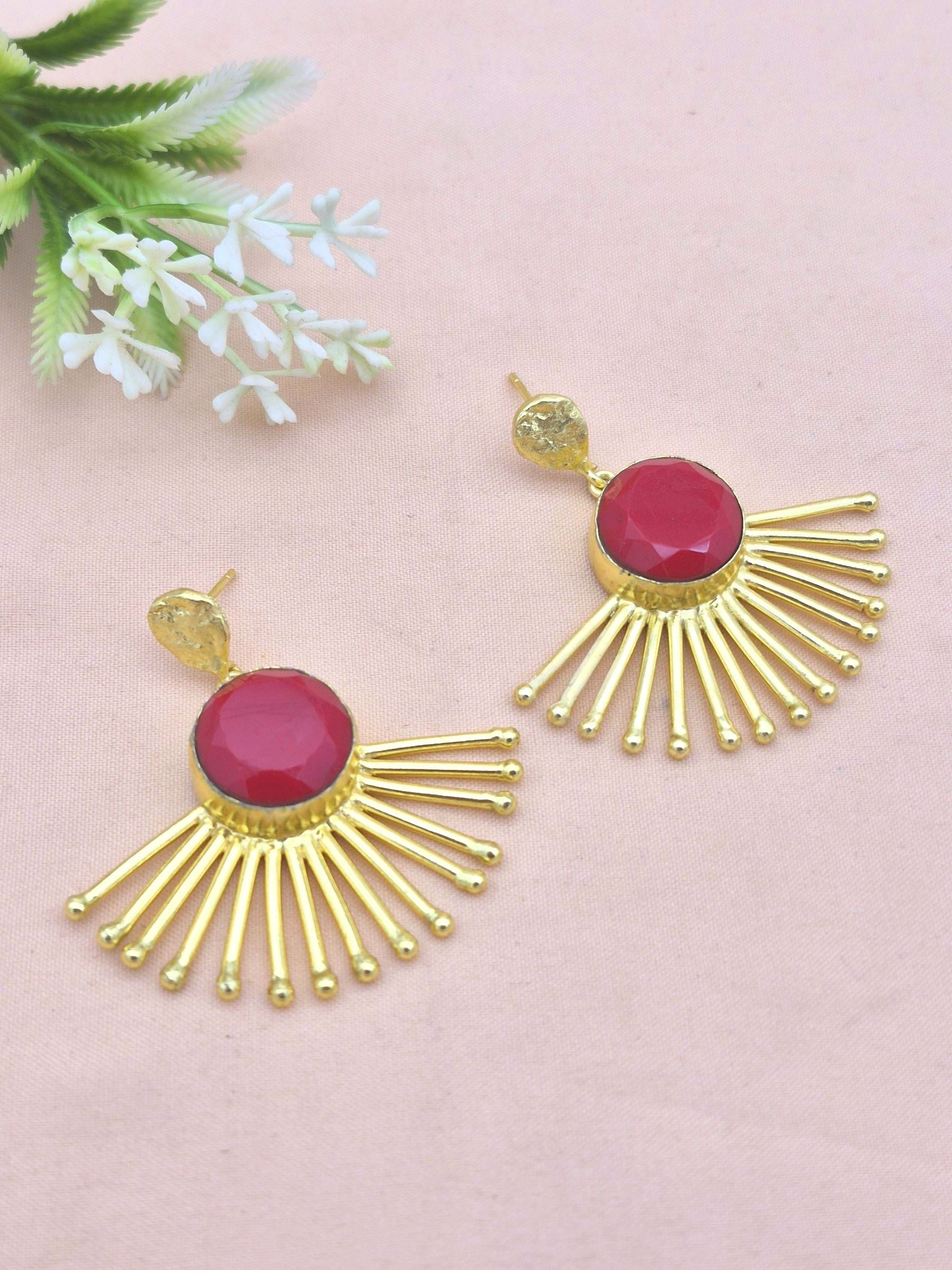 Amazing Gold Plated Faceted Coral Gemstone Awesome Designer Dangle Earrings