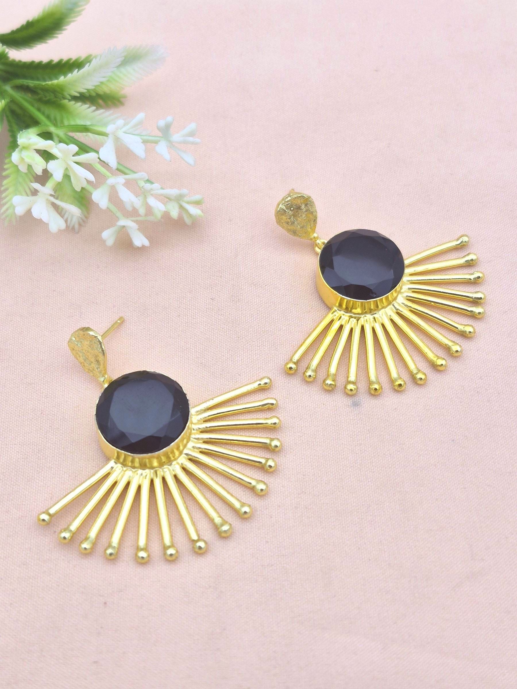 Amazing Gold Plated Faceted Black Onyx Gemstone Awesome Designer Dangle Earrings