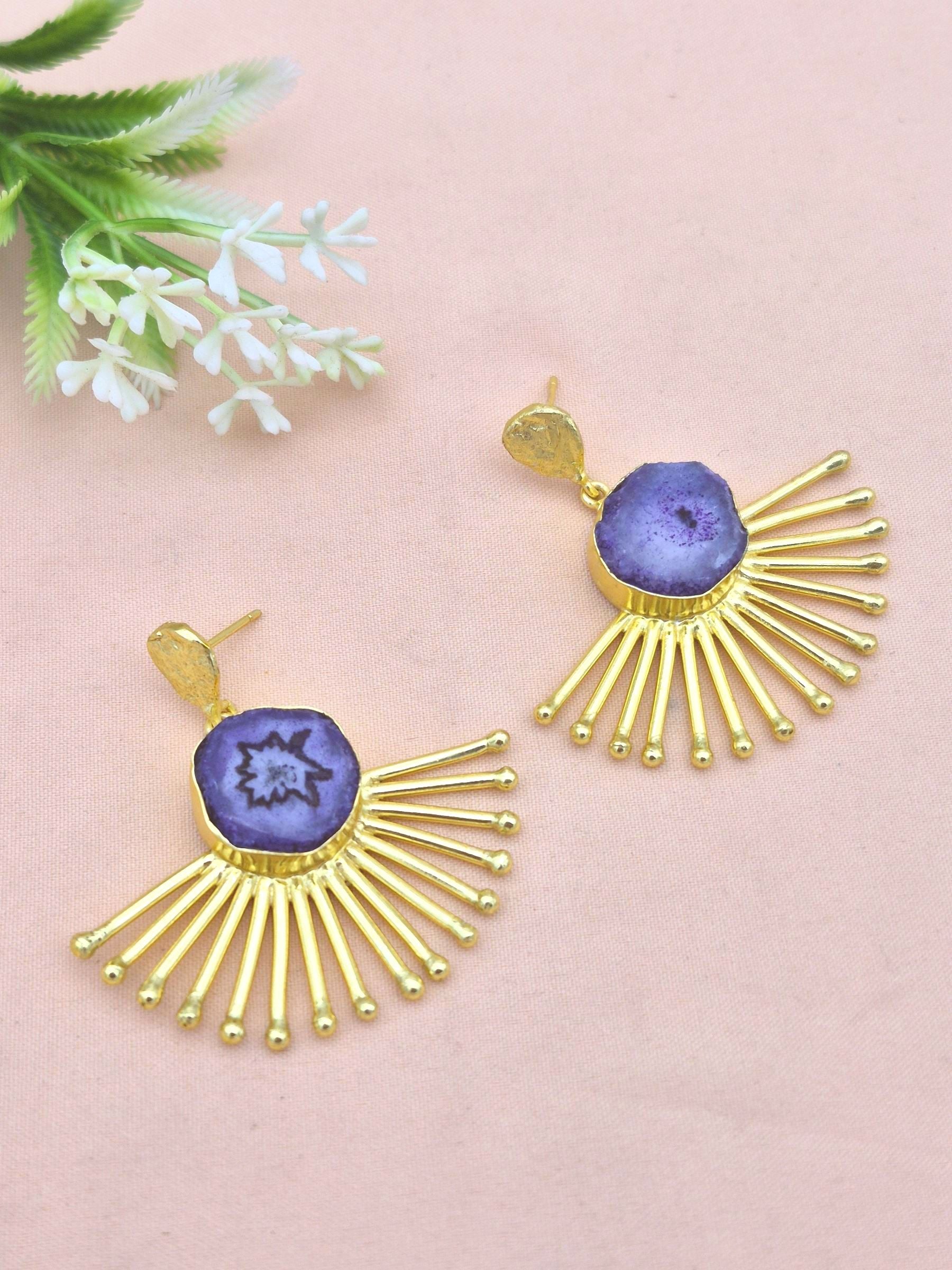 Amazing Gold Plated Solar Quartz Gemstone Awesome Designer Dangle Earrings