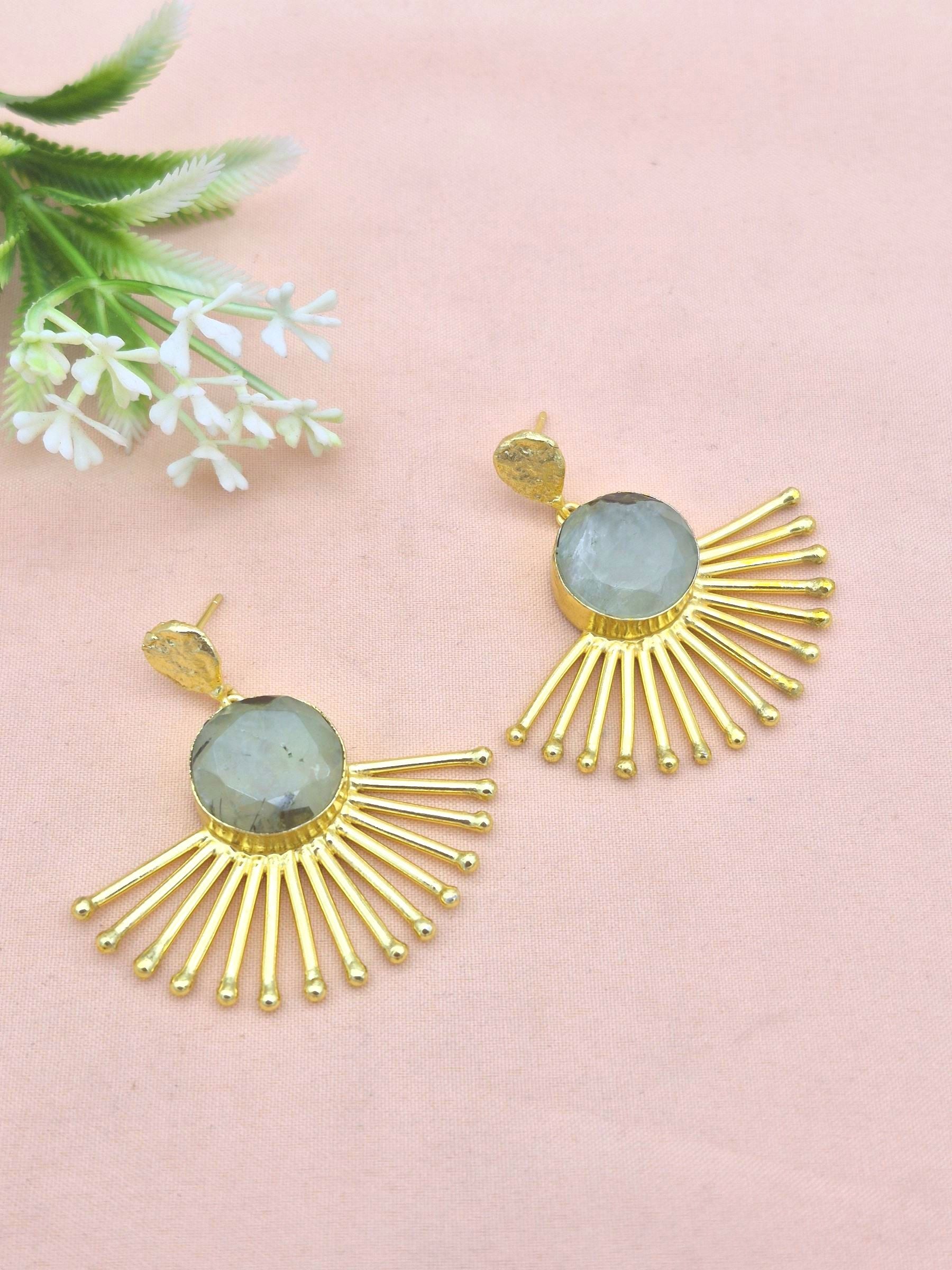 Amazing Gold Plated Prehnite Gemstone Awesome Designer Dangle Earrings