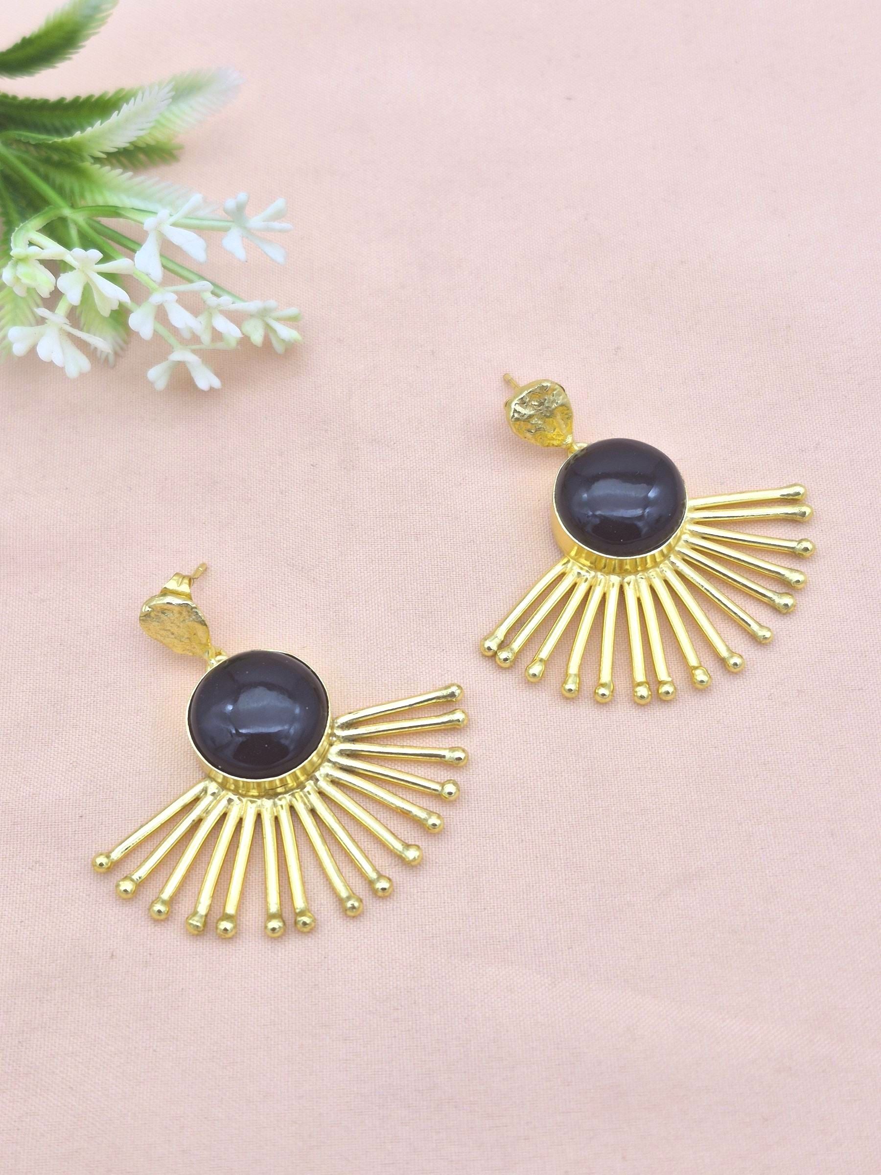 Amazing Gold Plated Black Onyx Gemstone Awesome Designer Dangle Earrings