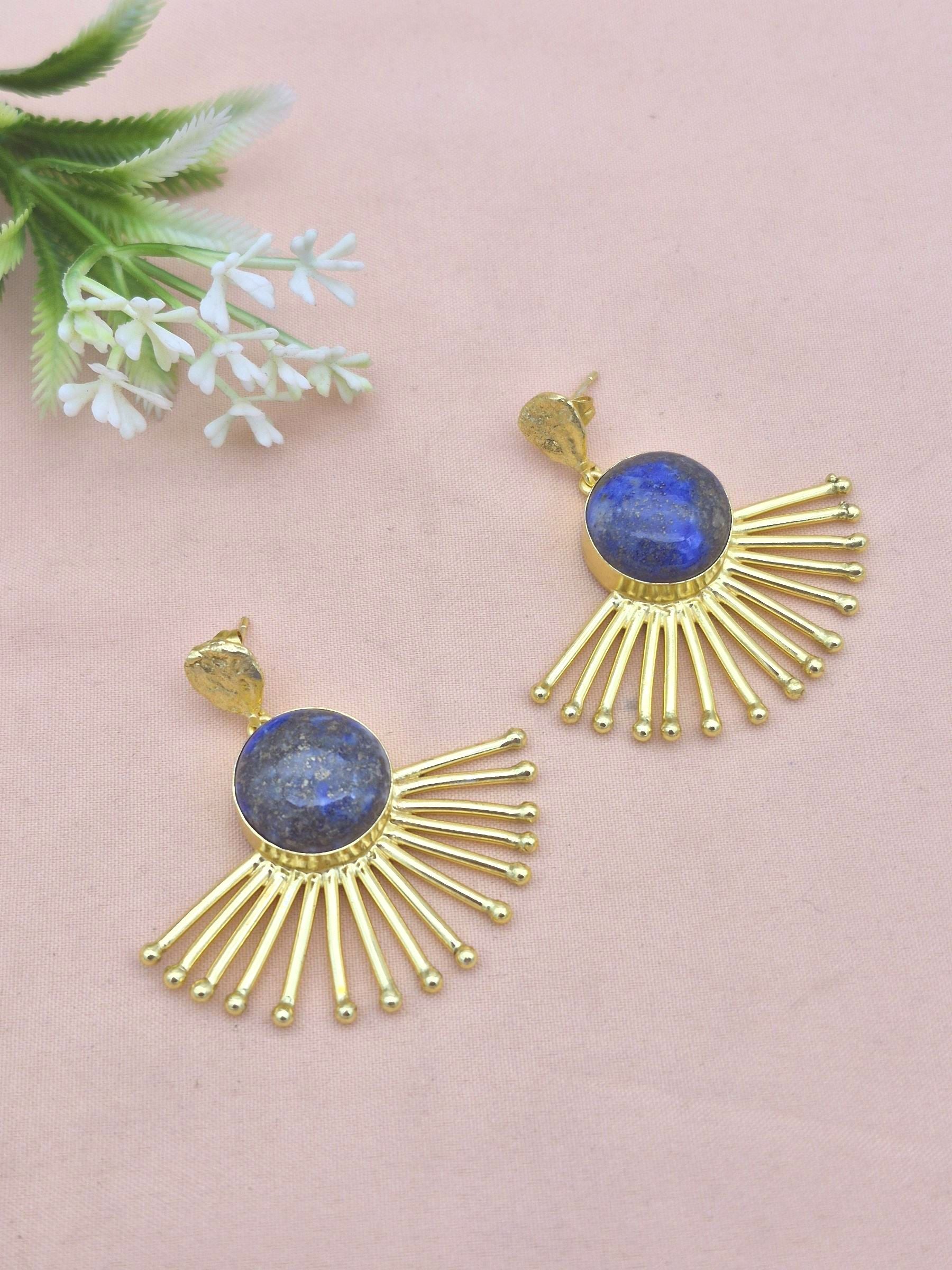 Amazing Gold Plated Lapis Lazuli Gemstone Awesome Designer Dangle Earrings