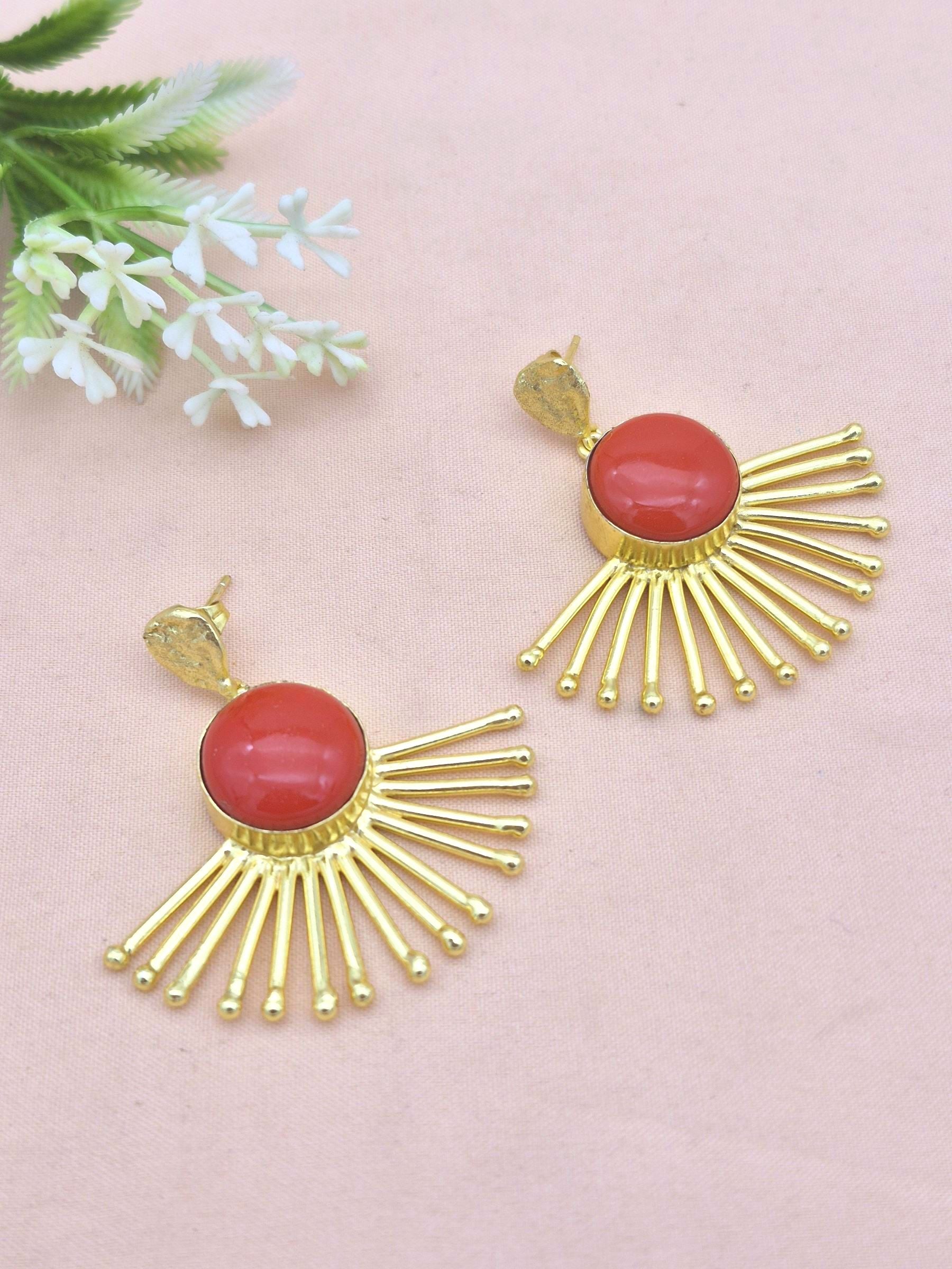 Amazing Gold Plated Coral Gemstone Awesome Designer Dangle Earrings