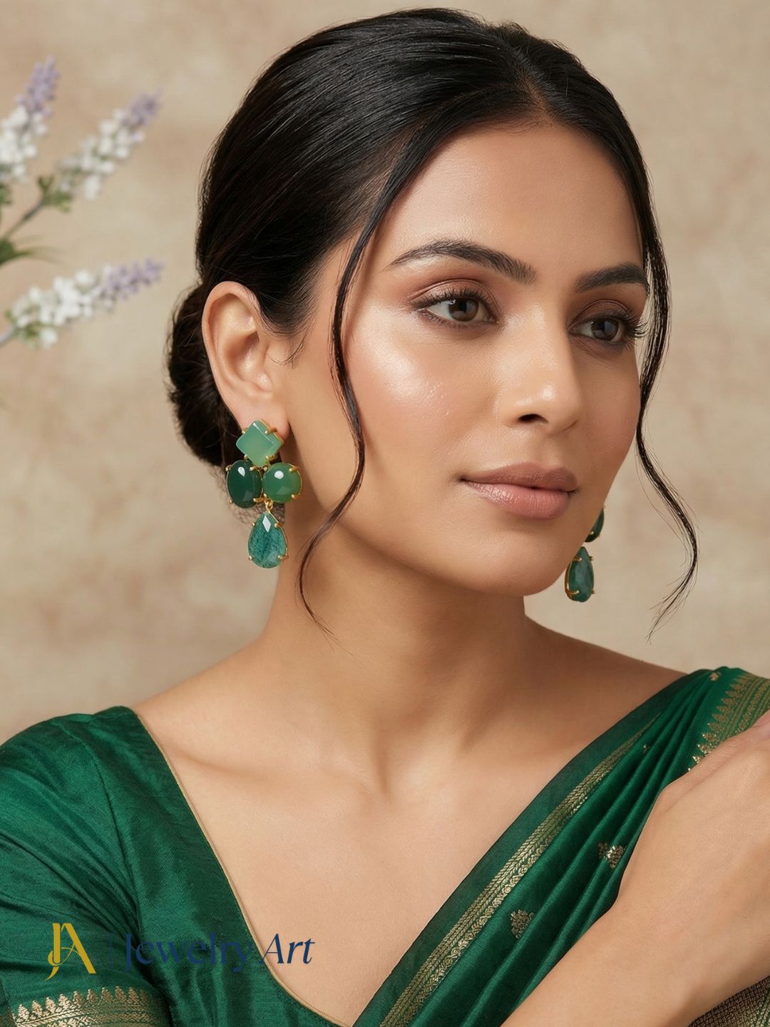 Simple gold plated earrings green onyx elegant everyday jewelry
