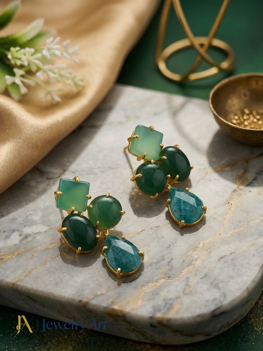 Amazing Gold Plated Dangle Earring -Green Onyx Gemstone Light Weight Handcrafted Jewelry