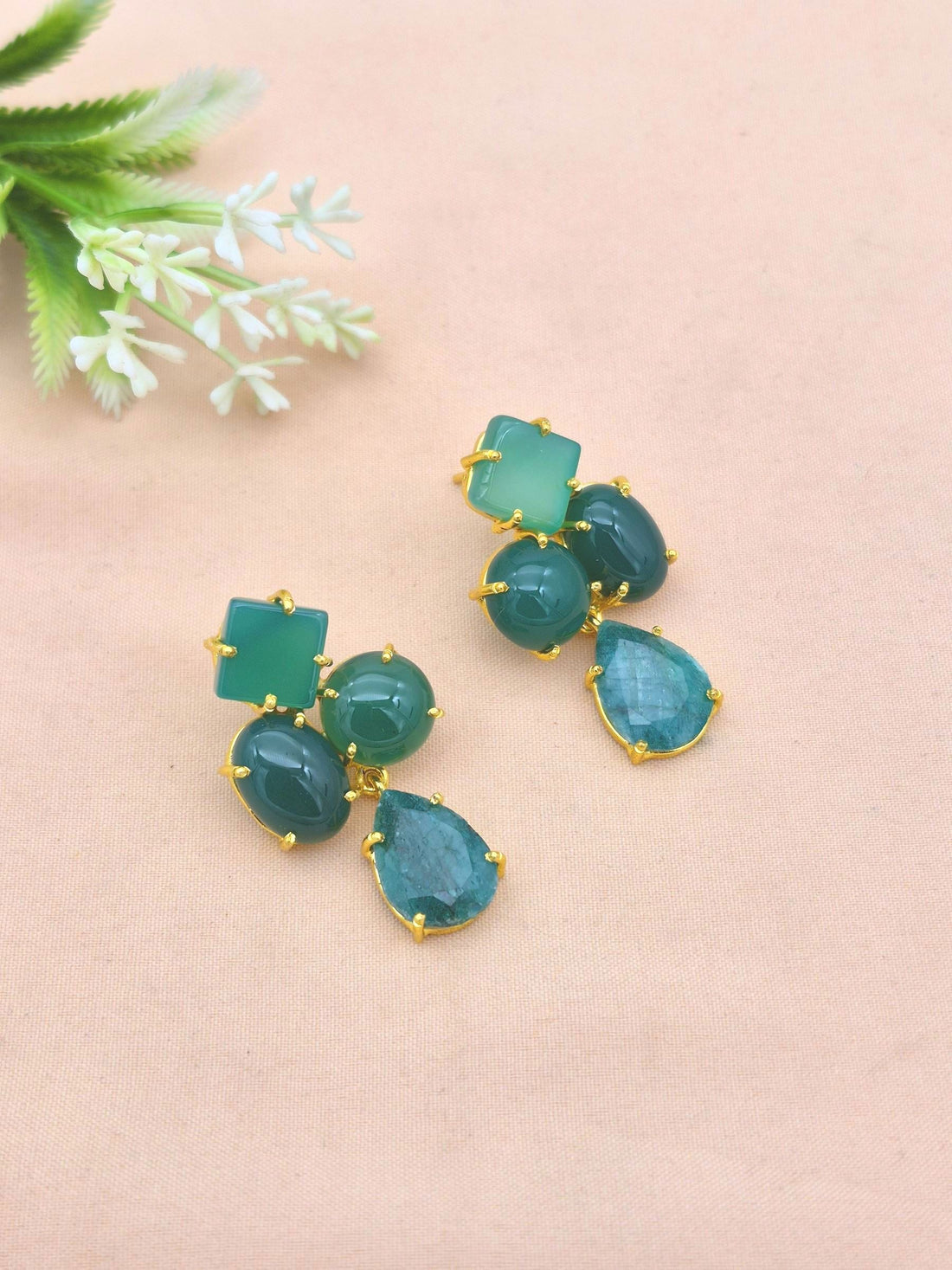 Amazing Gold Plated Dangle Earring -Green Onyx Gemstone Light Weight Handcrafted Jewelry