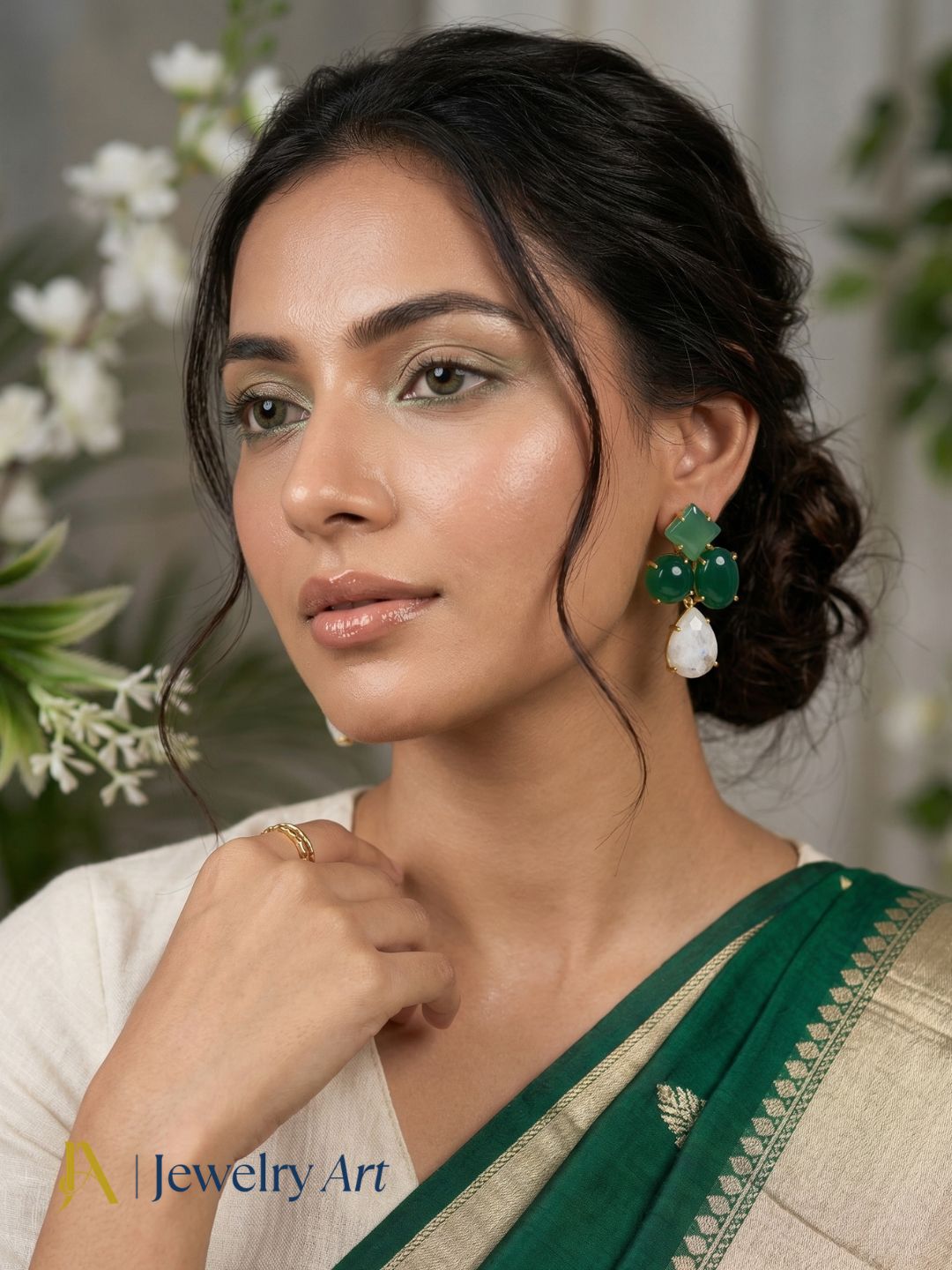 Stylish lightweight gemstone earrings green onyx white rainbow modern fashion jewelry
