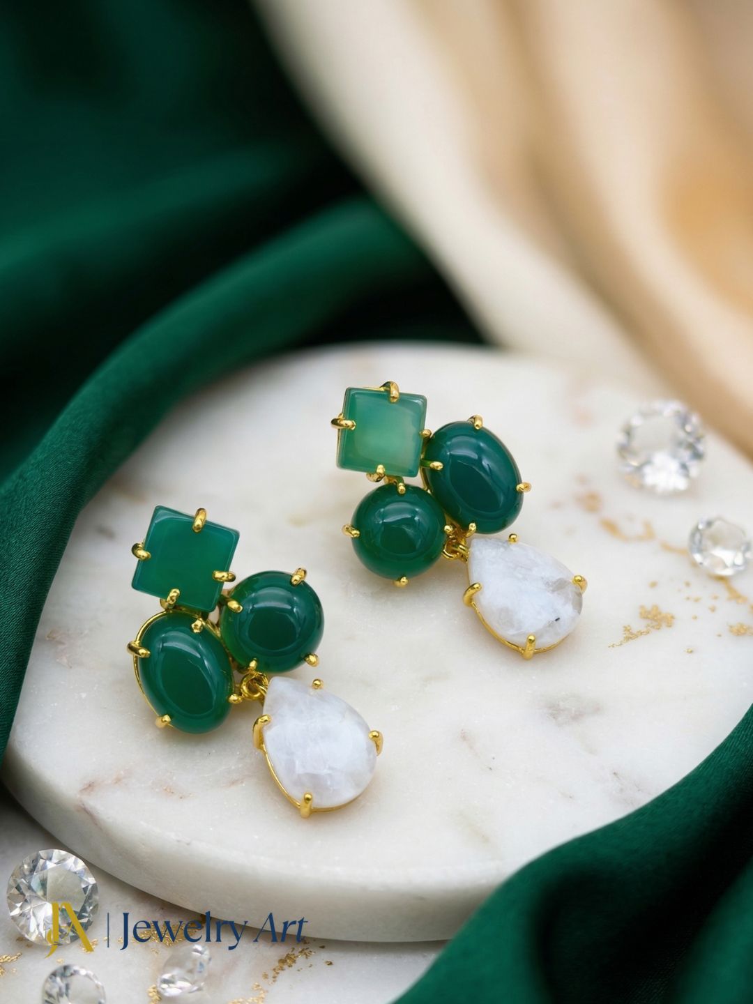Amazing Gold Plated Dangle Earring -Green Onyx White Rainbow Gemstone Light Weight Handcrafted Jewelry