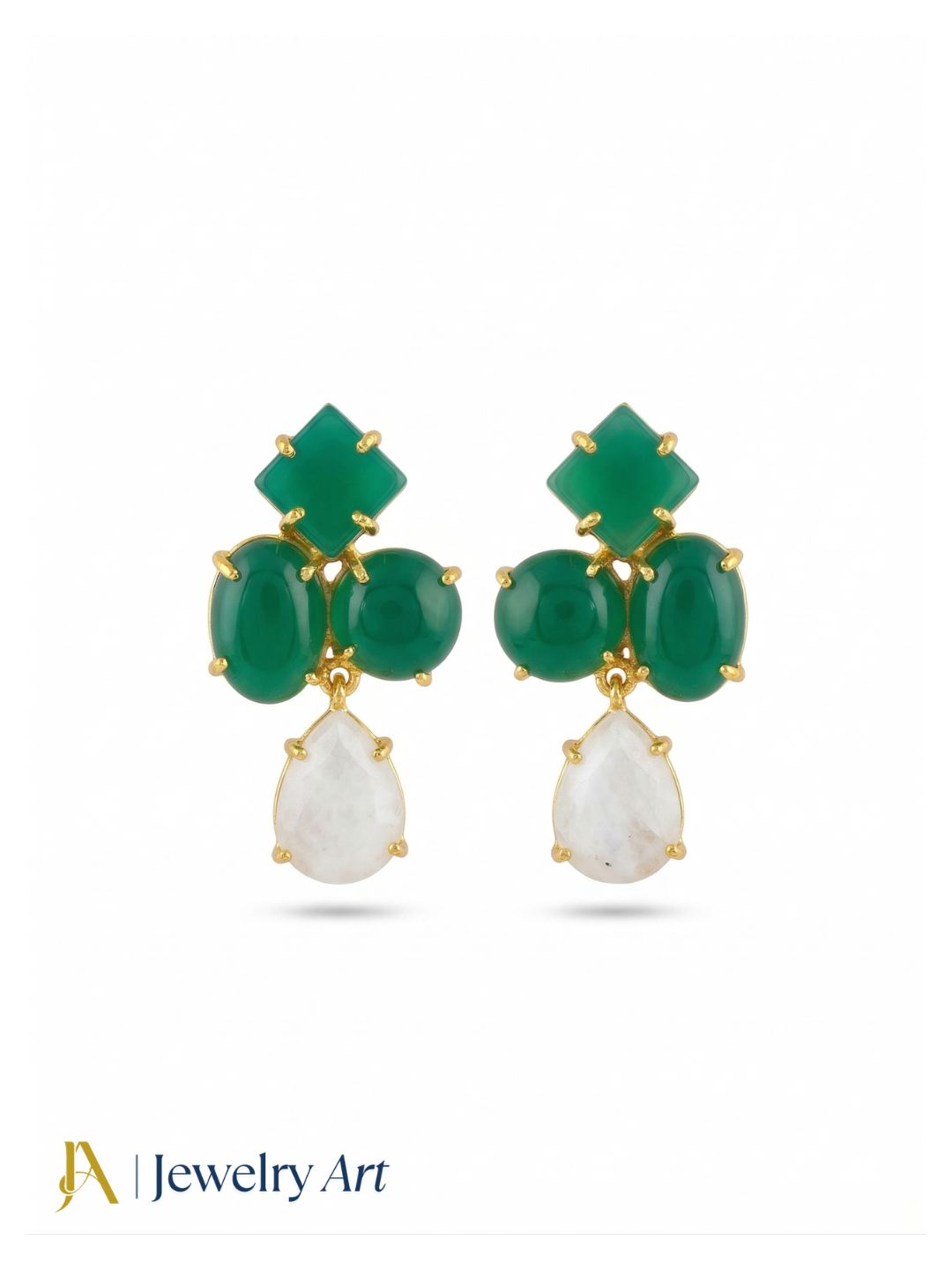 Amazing Gold Plated Dangle Earring -Green Onyx White Rainbow Gemstone Light Weight Handcrafted Jewelry