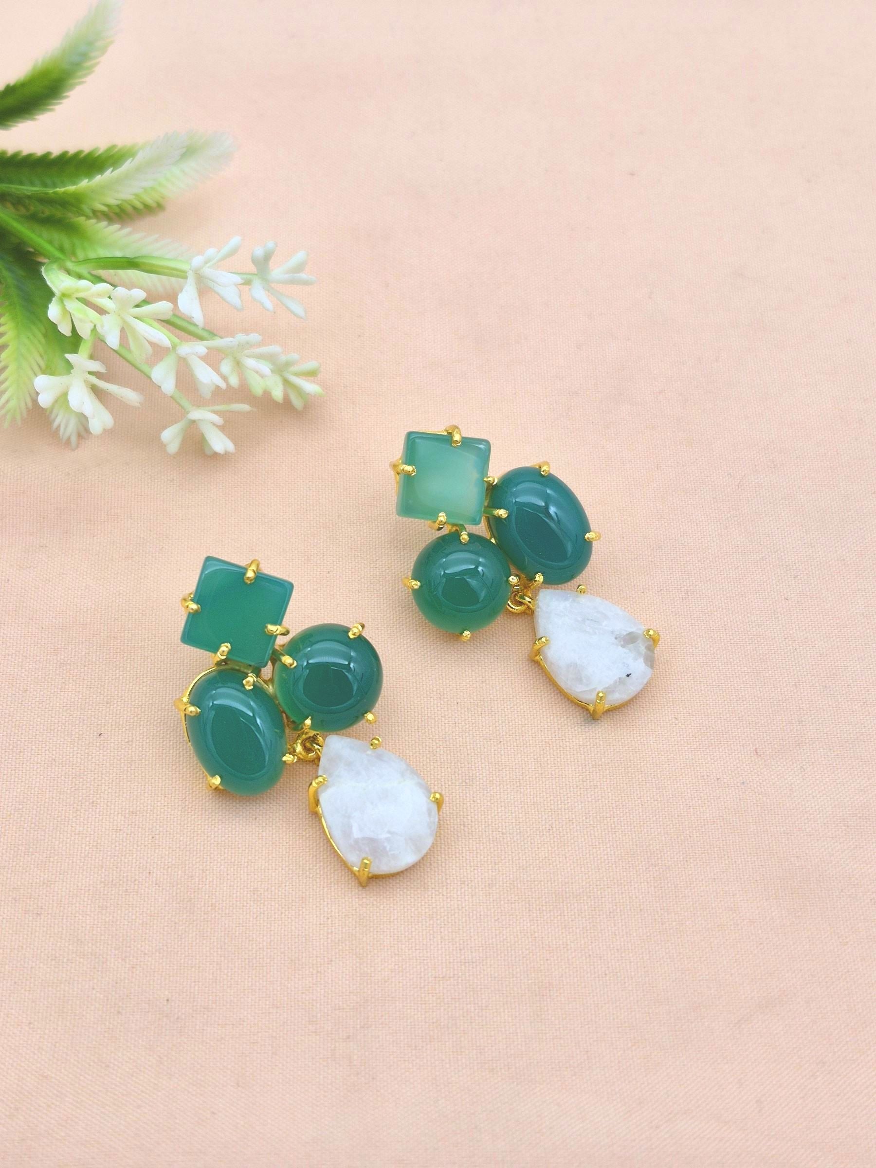 Amazing Gold Plated Dangle Earring -Green Onyx White Rainbow Gemstone Light Weight Handcrafted Jewelry
