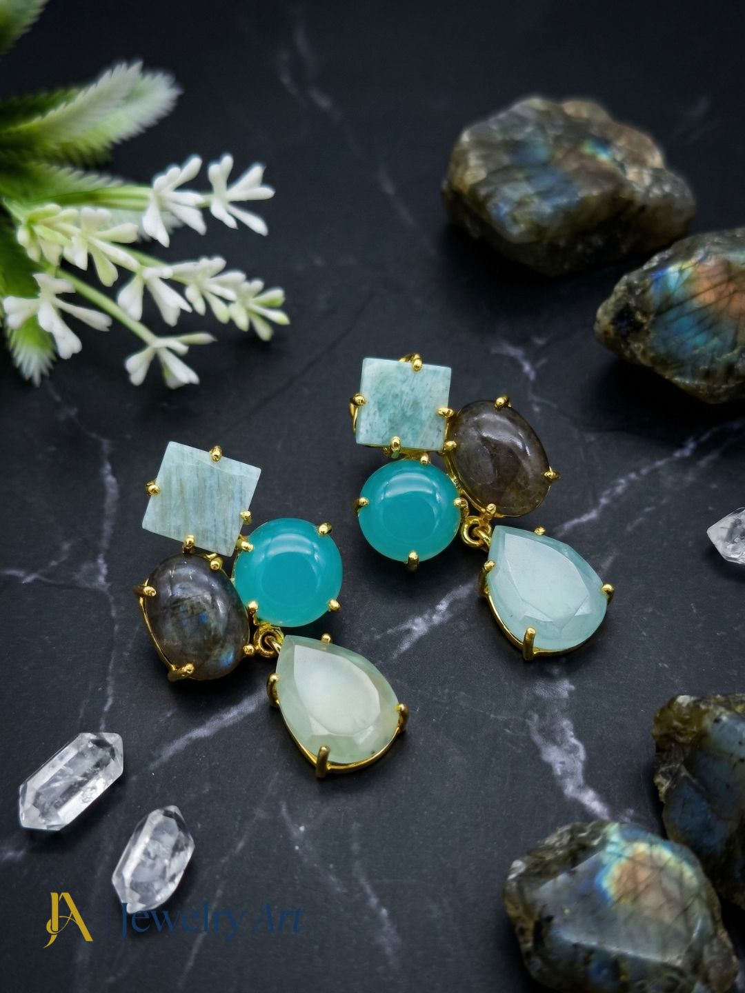 Amazing Gold Plated Dangle Earring -Amazonite-Chalcedony-Labradorite-Aquamarine Gemstone Light Weight Handcrafted Jewelry