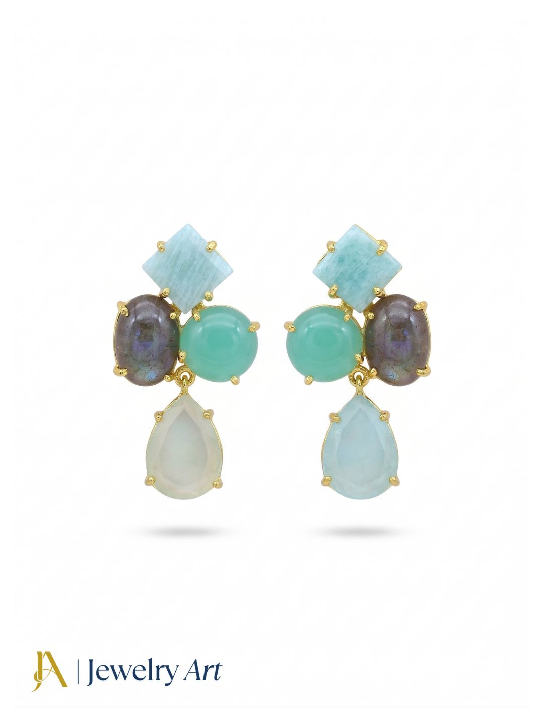 Amazing Gold Plated Dangle Earring -Amazonite-Chalcedony-Labradorite-Aquamarine Gemstone Light Weight Handcrafted Jewelry