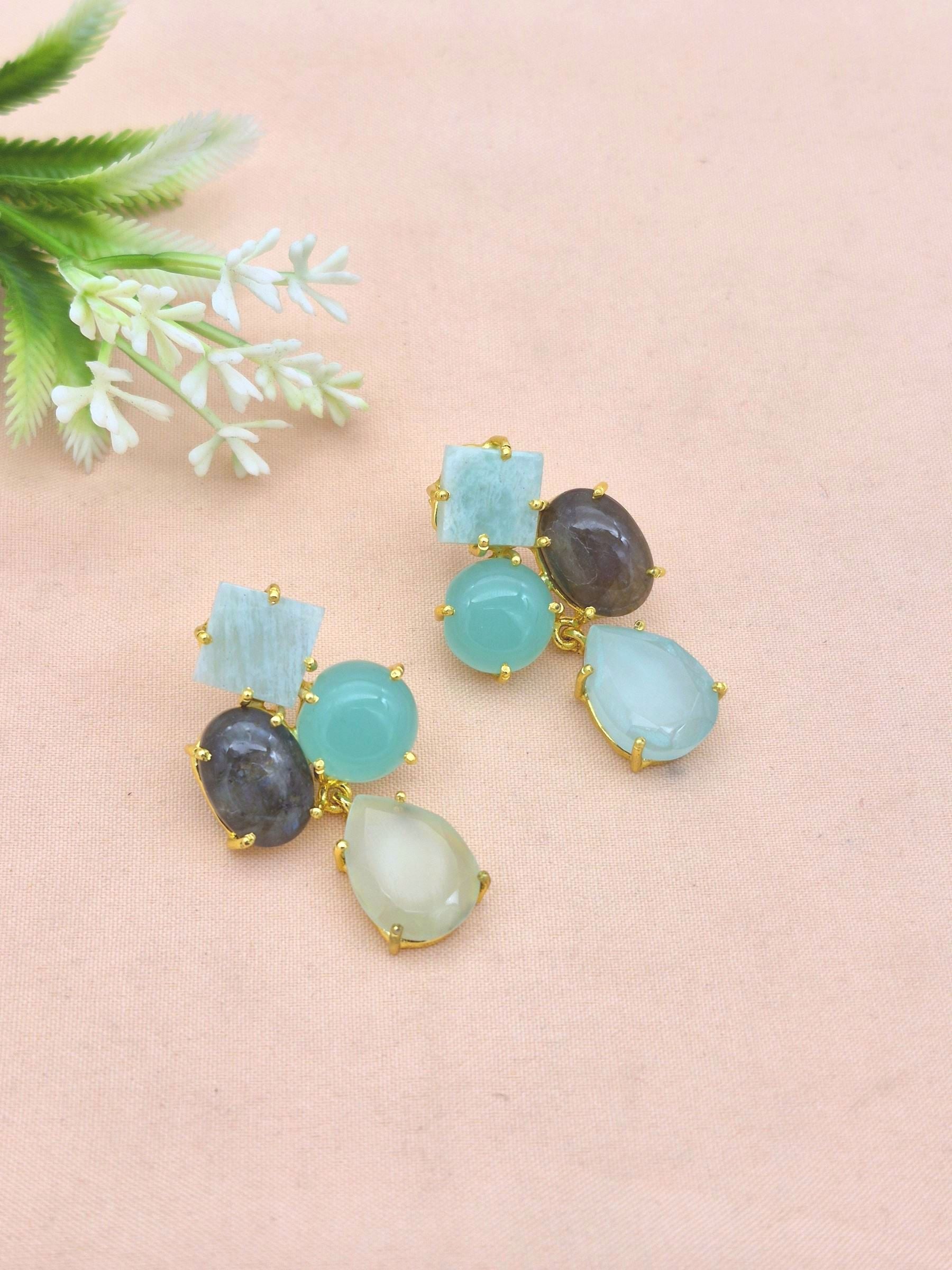 Amazing Gold Plated Dangle Earring -Amazonite-Chalcedony-Labradorite-Aquamarine Gemstone Light Weight Handcrafted Jewelry