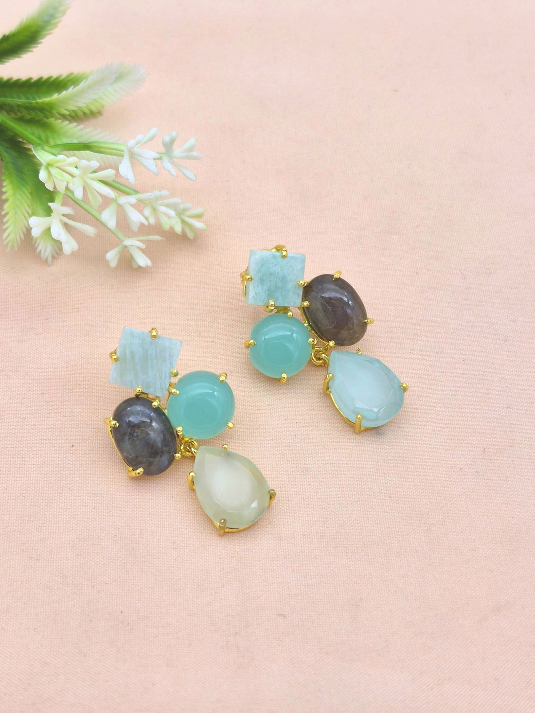Amazing Gold Plated Dangle Earring -Amazonite-Chalcedony-Labradorite-Aquamarine Gemstone Light Weight Handcrafted Jewelry
