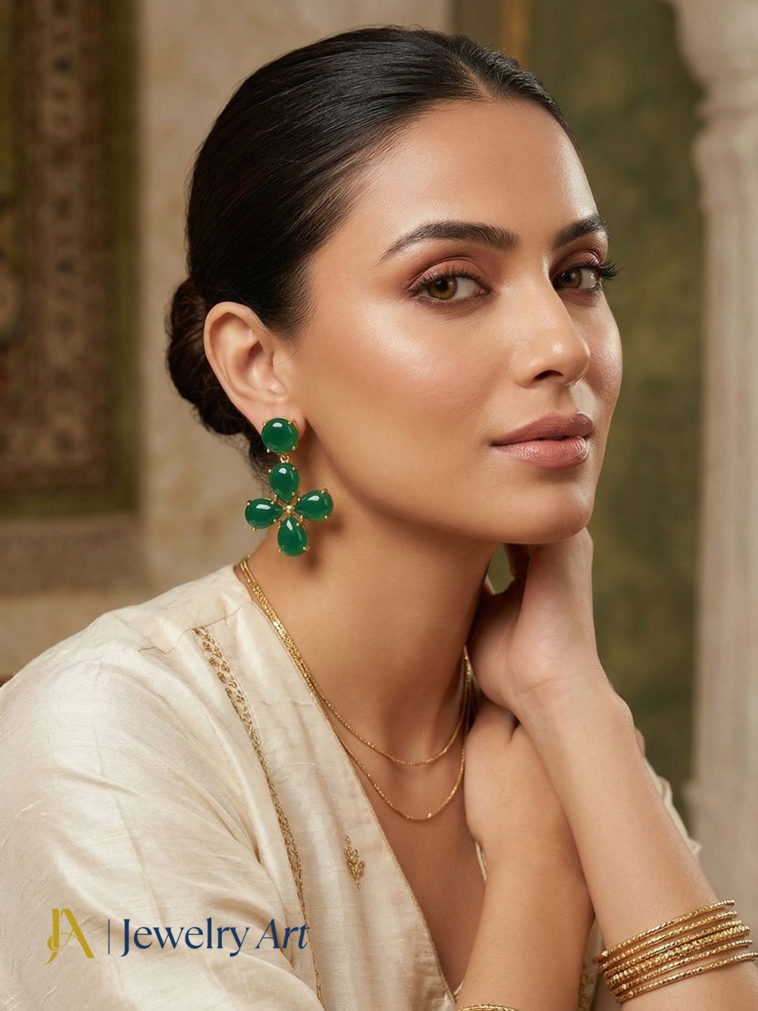 Simple gold plated earrings green onyx elegant everyday jewelry
