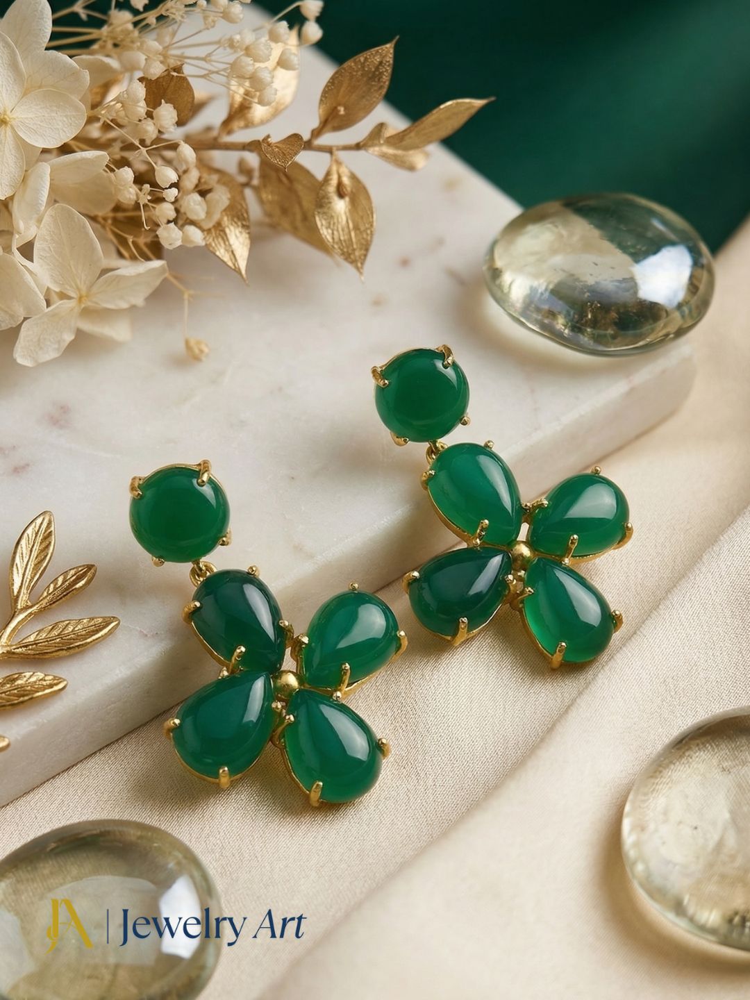 Gorgeous Gold Plated Dangle Earring -Green Onyx Gemstone Light Weight Handcrafted Jewelry