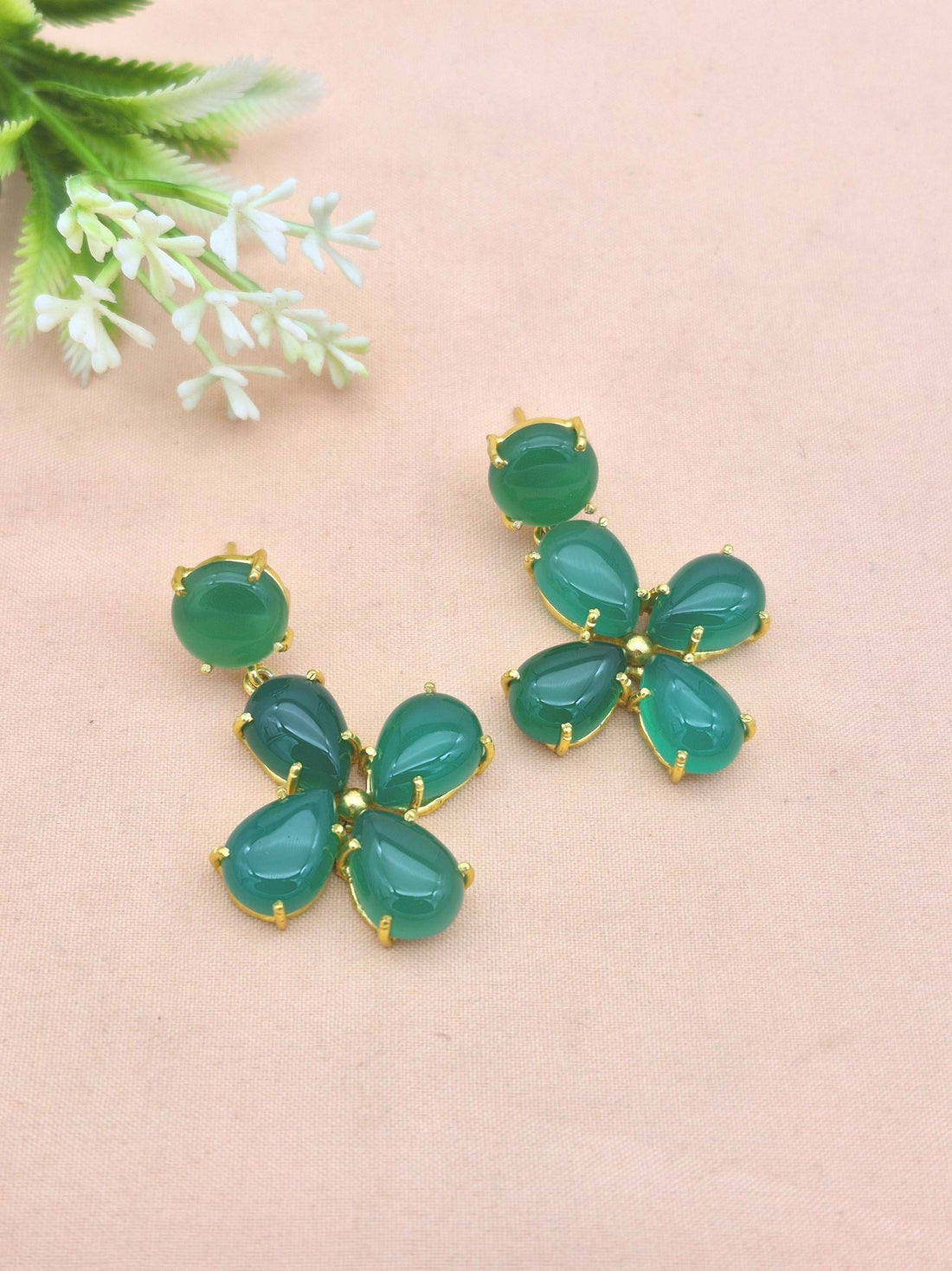Gorgeous Gold Plated Dangle Earring -Green Onyx Gemstone Light Weight Handcrafted Jewelry