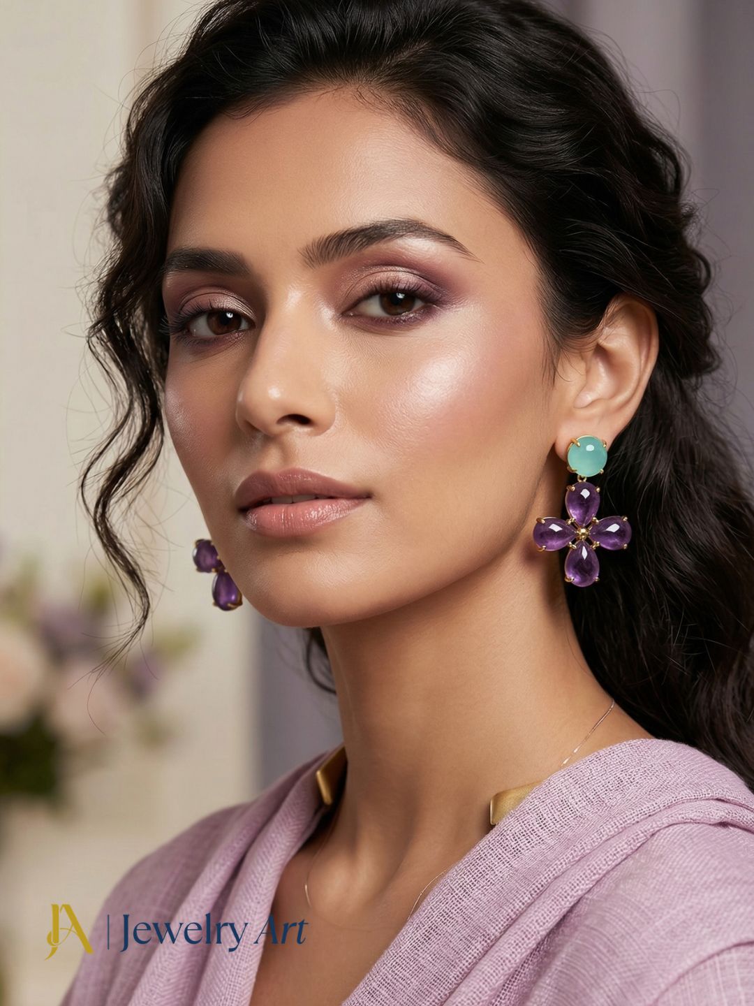 Designer gold plated earrings with amethyst and chalcedony soft purple contrast
