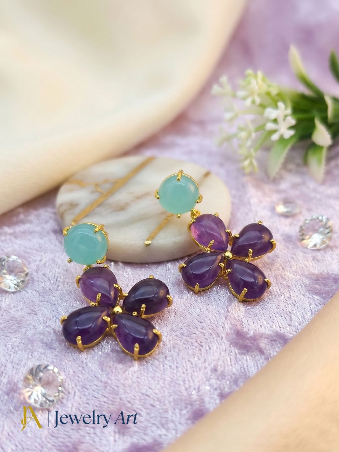 Gorgeous Gold Plated Dangle Earring -Amethyst-Chalcedony Gemstone Light Weight Handcrafted Jewelry