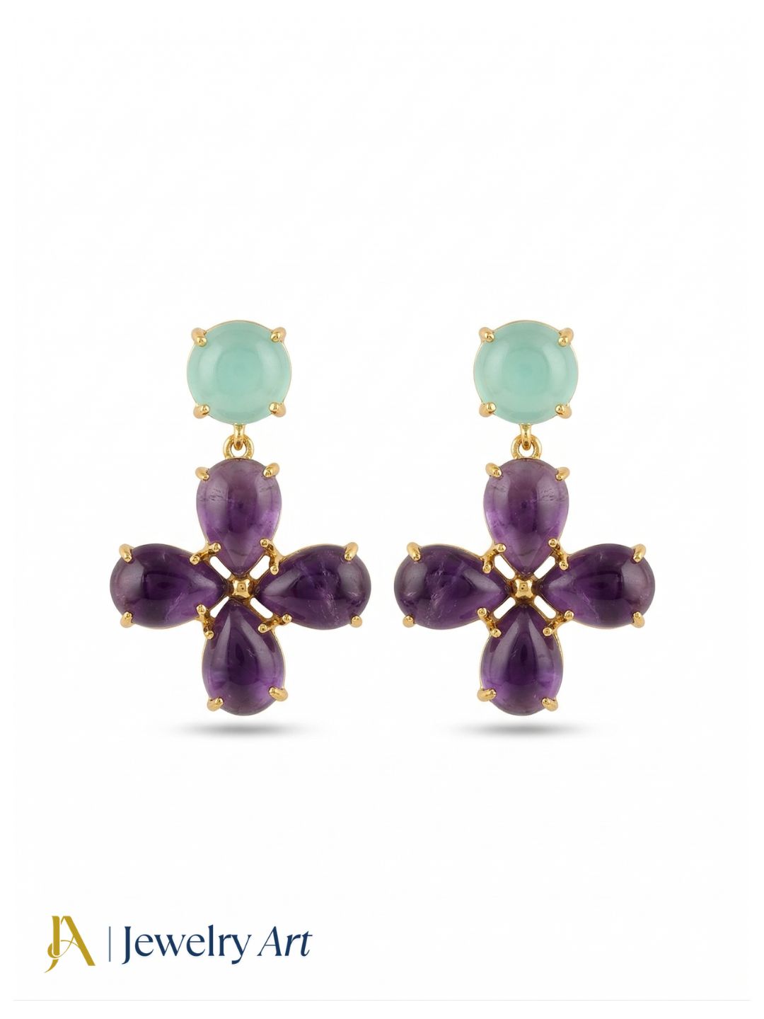 Gorgeous Gold Plated Dangle Earring -Amethyst-Chalcedony Gemstone Light Weight Handcrafted Jewelry