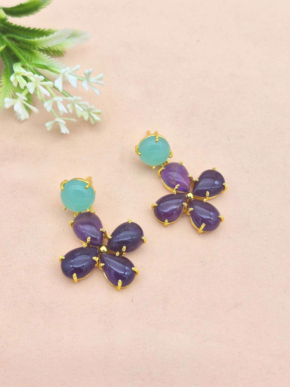 Gorgeous Gold Plated Dangle Earring -Amethyst-Chalcedony Gemstone Light Weight Handcrafted Jewelry