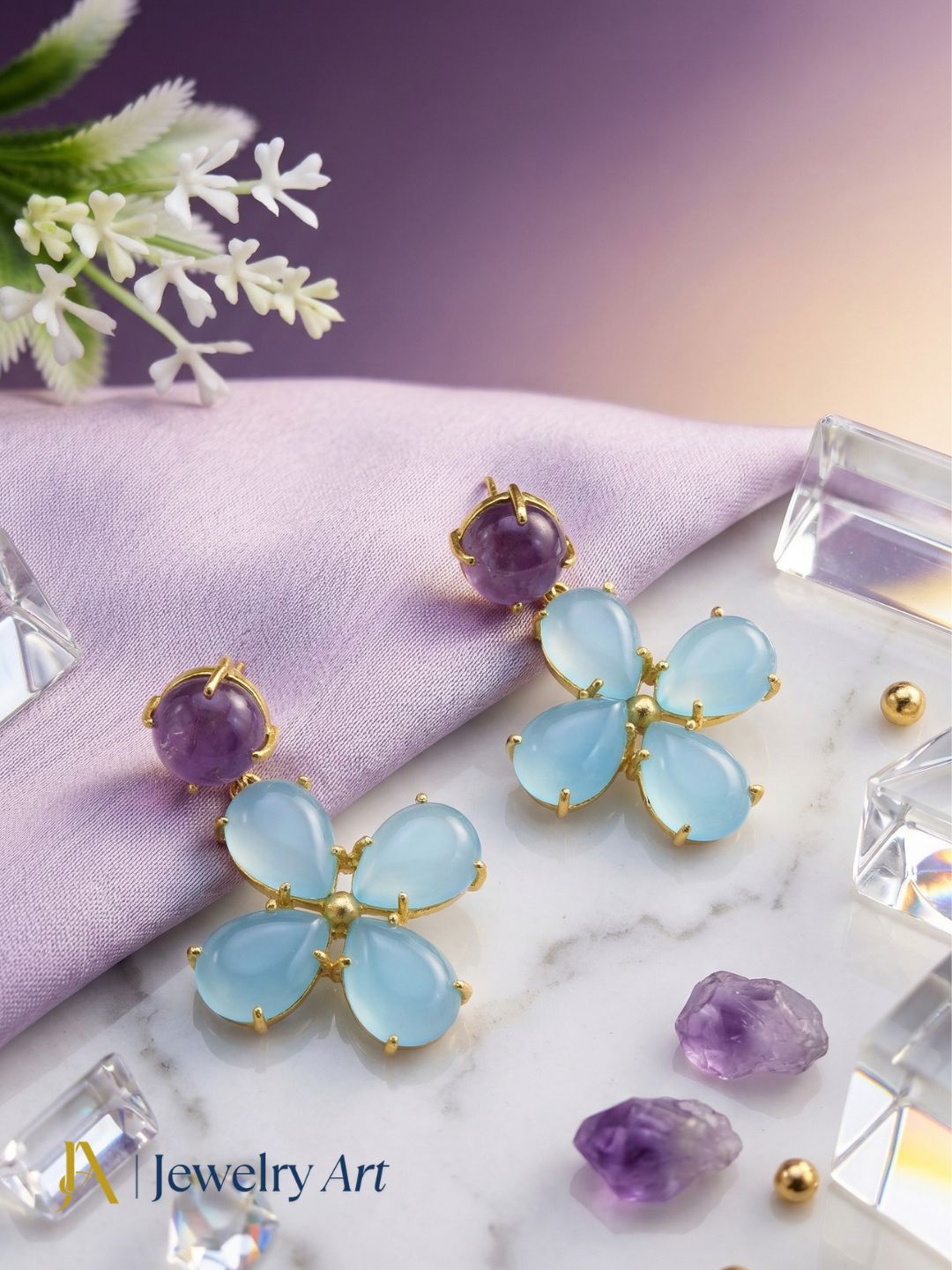 Gorgeous Gold Plated Dangle Earring -Chalcedony-Amethyst Gemstone Light Weight Handcrafted Jewelry