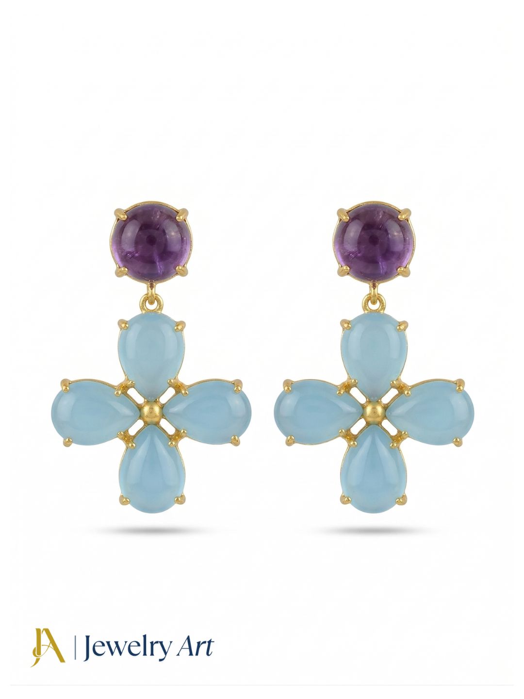 Gorgeous Gold Plated Dangle Earring -Chalcedony-Amethyst Gemstone Light Weight Handcrafted Jewelry